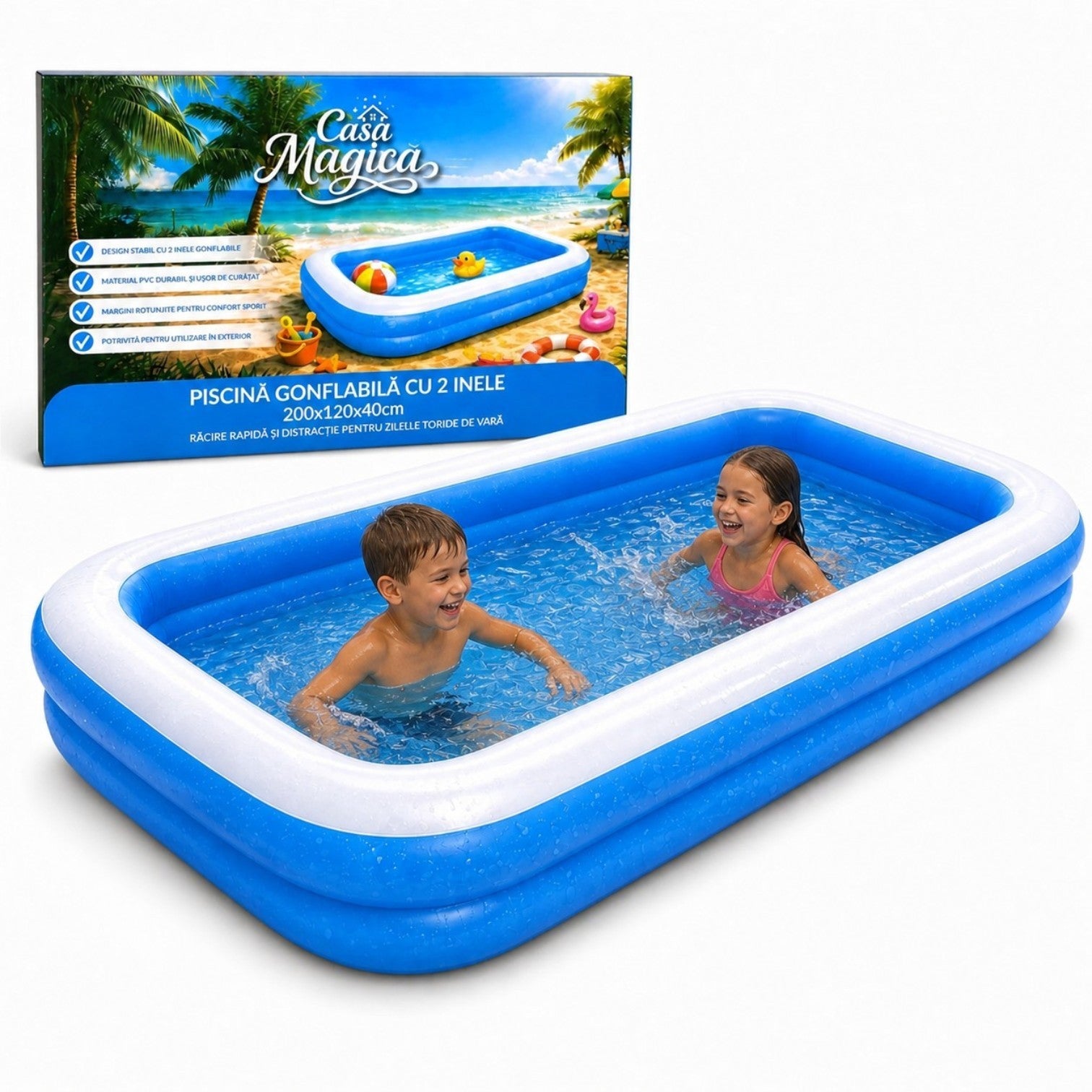 Piscina Gonflabila cu 2 Inele, 200x120x40cm, din Material PVC Rezistent Engros