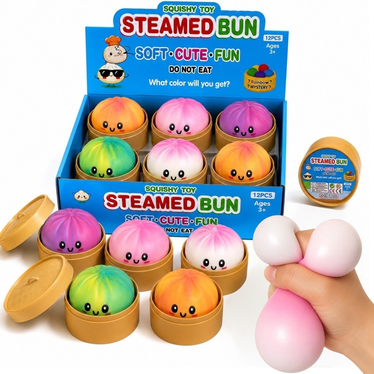 Jucarie Squishy Dumpling 12/set, în Cutie Plastic 10cm, Antistres, Slow Rising, Elastică și Moale, Diferite Culori Engros