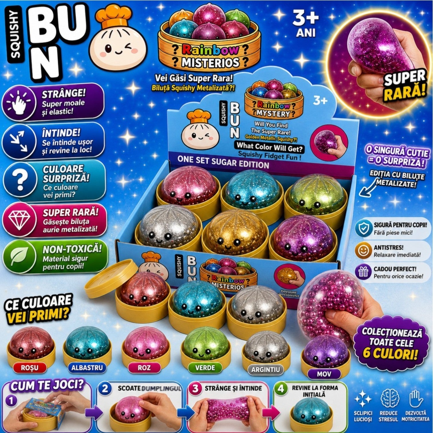 Jucărie Squishy 10cm, cu Biluțe și Glitter Metalizat, Antistres, Diferite Culori Engros