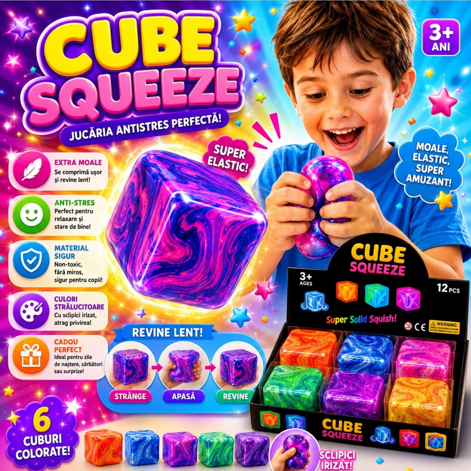 Cub Antistres Squishy 12/set, Cube Squeeze Ball 5x5cm, Gel Elastic Stretch & Squeeze, Diferite Culori Engros