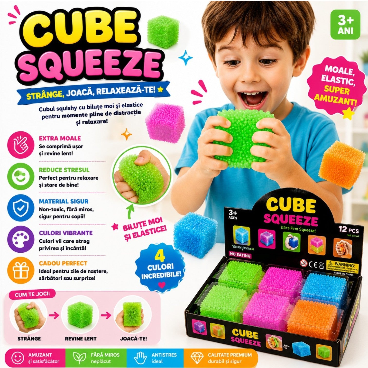 Cub Antistres 12/set, Nice Cube 5x5cm, Jucărie Senzorială Squishy din Gel Elastic, cu Textură Crystal Stretch & Squeeze Engros