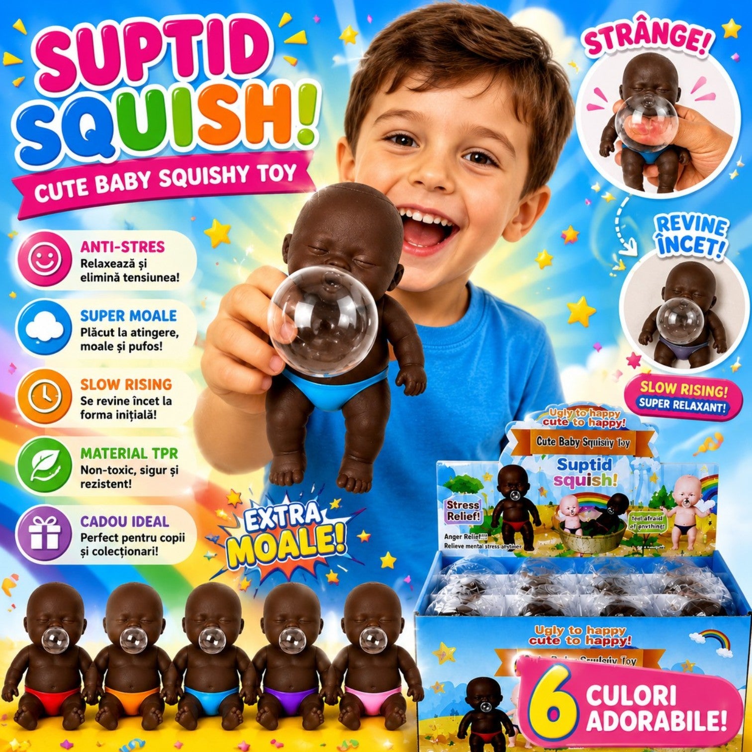 Jucărie Squishy Bebeluș 12/set, din TPR 14cm, cu Balon Extensibil, Anti-Stres, Diferite Culori Engros