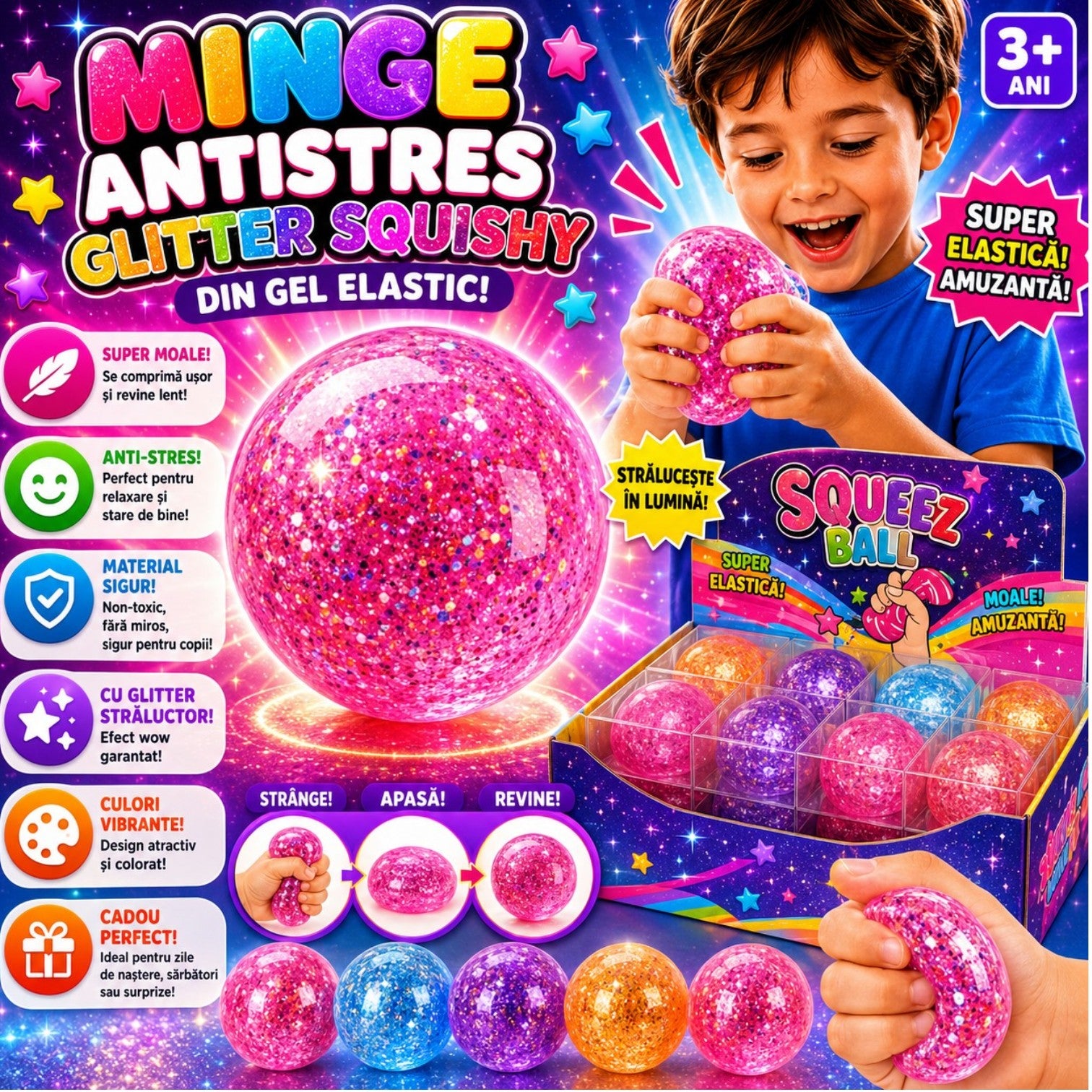 Minge Squishy 12/set, cu Glitter 6cm, Squeeze Ball Anti-Stres, Diferite Culori Engros