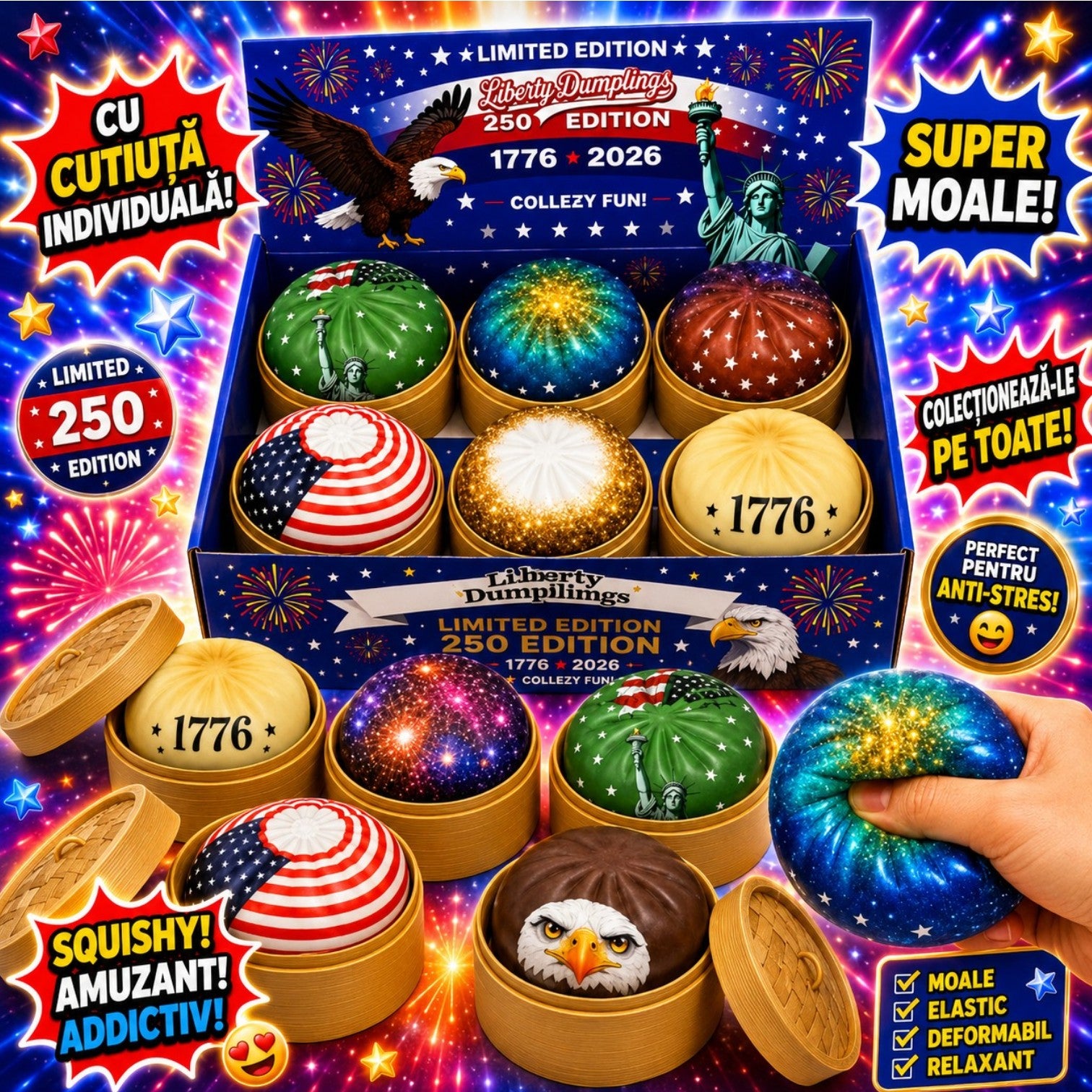 Jucărie Antistres Squishy Liberty Dumplings 9cm, în Cutie Plastic, Ediție Limitată 250 Edition 1776-2026, Slow Rising, Diferite Modele Engros
