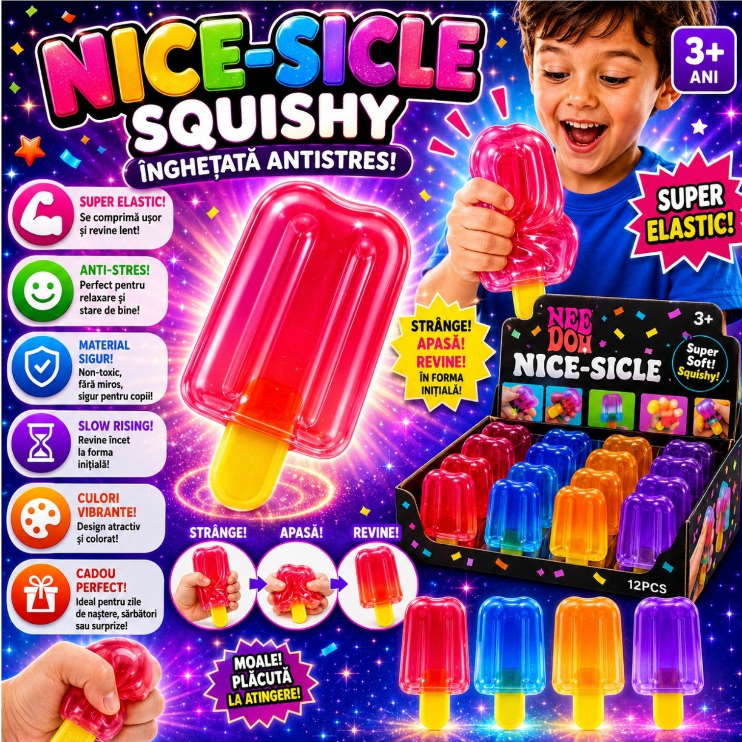 Jucarie Antistres 8cm, Tip Inghetata, Squishy din Gel Elastic, Stretch & Squeeze, Diferite Culori Engros