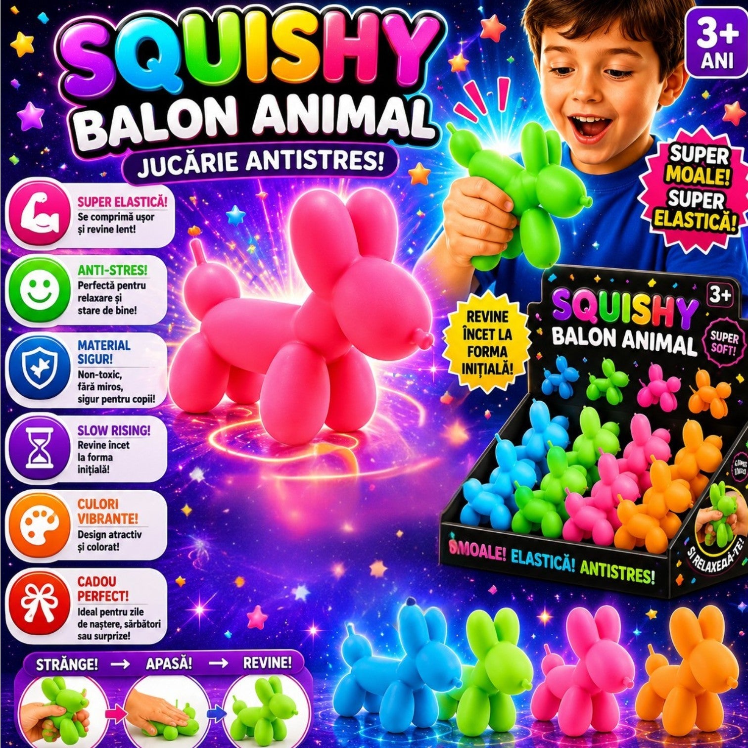 Jucărie Antistres Balloon Dog 12/set, Squishy Elastic Soft Touch, 12x7.5cm Stretch & Squeeze, Diferite Culori Engros