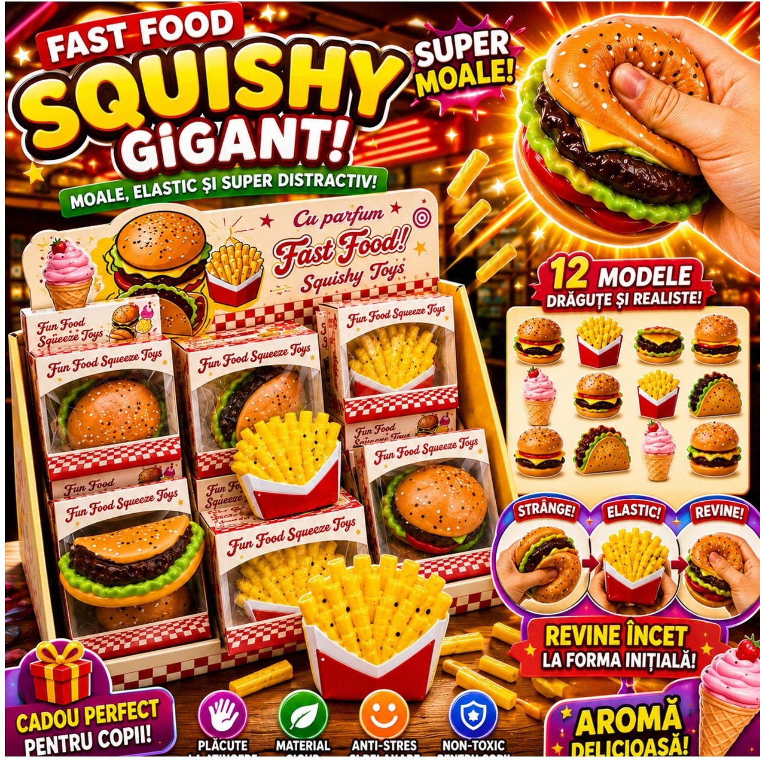 Jucărie Squishy 18/set, Fast Food 9cm, Moale, Pufoasă, Slow Rising, Antistres, Diferite Modele Engros