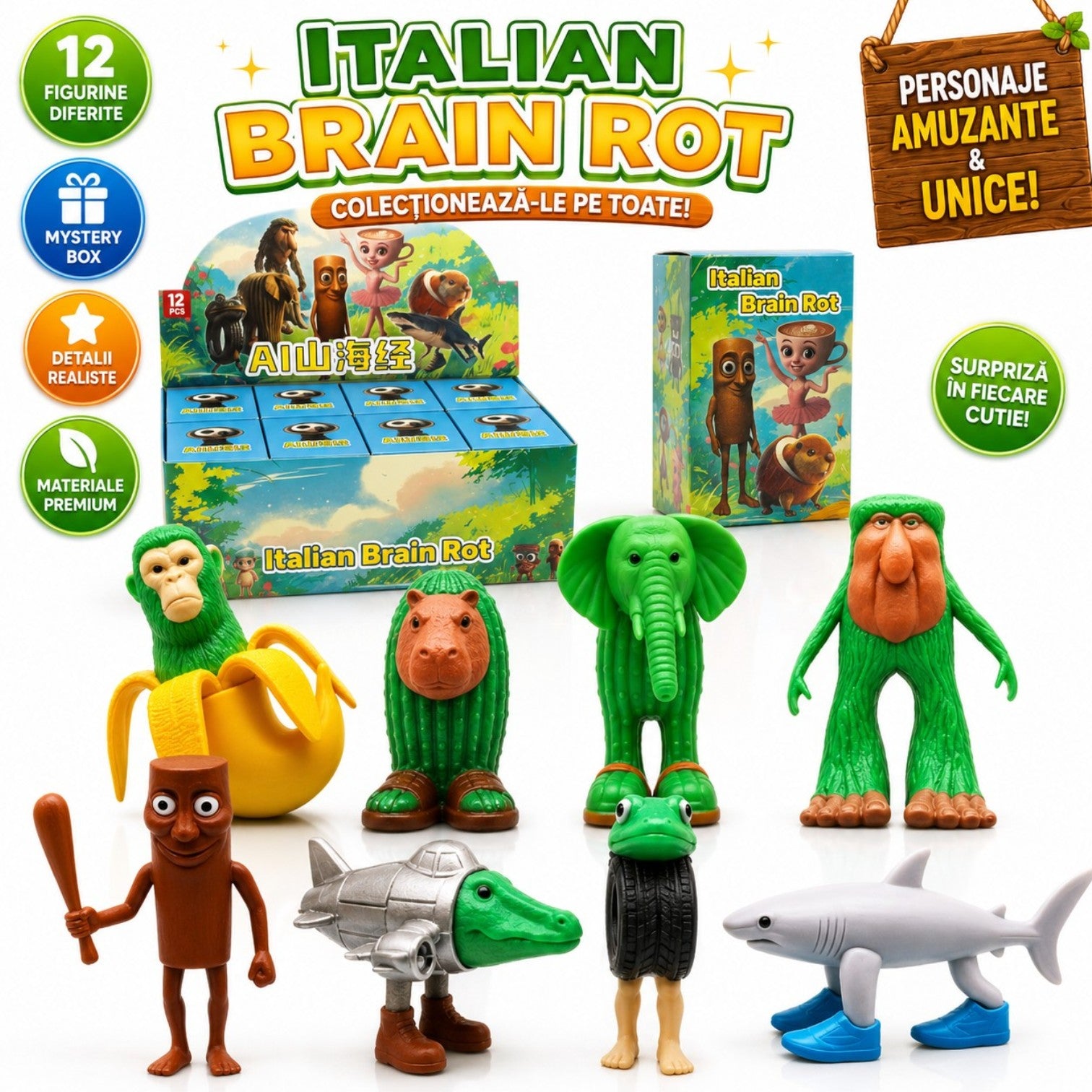 Figurine Surprise Box 12/set Italian Brain Rot, 7cm Tung Tung Sahur Diferite Modele Engros