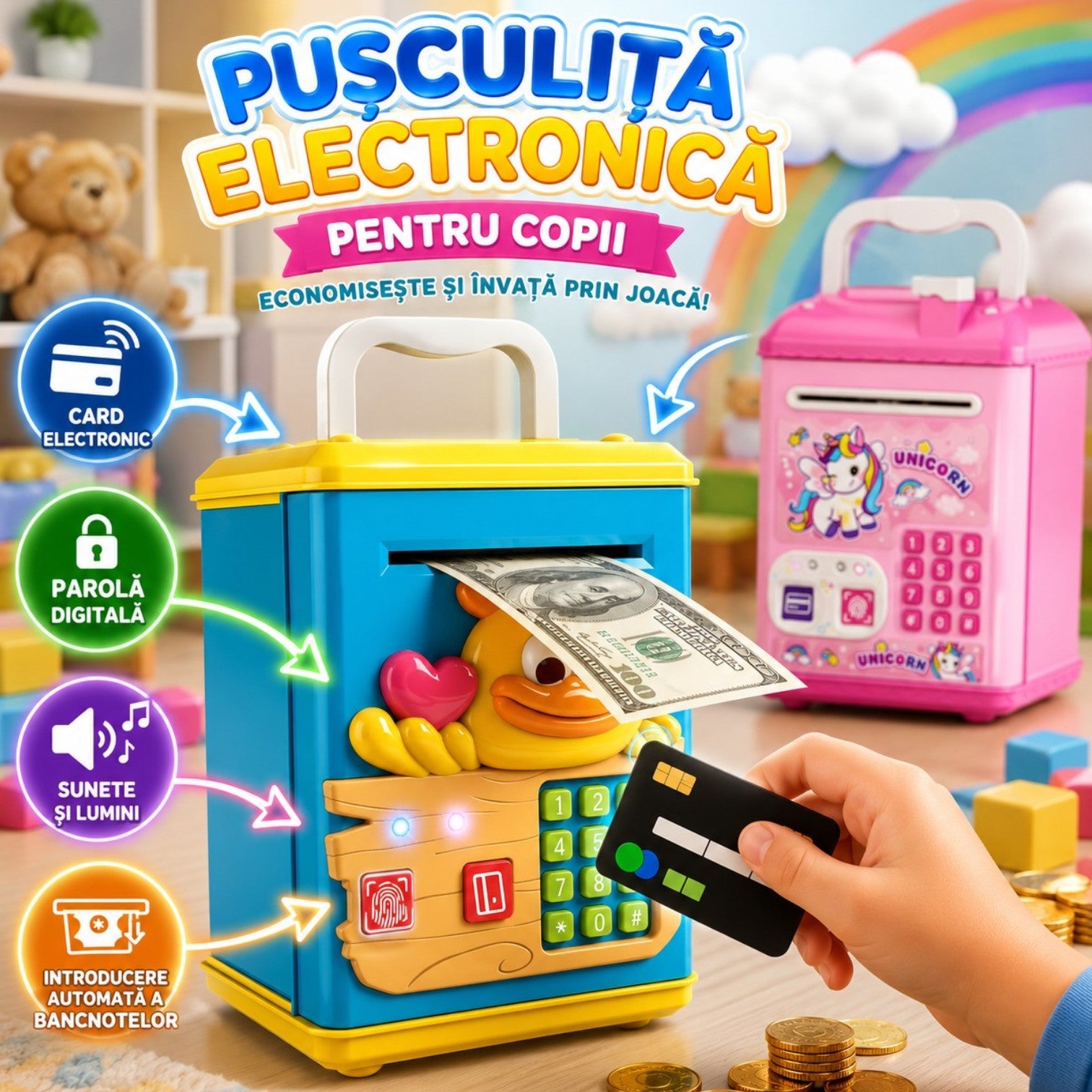 Pușculiță Electronică pentru Copii 21.5x13x12cm, cu Deblocare prin Amprentă Card și PIN Diferite Modele Engros