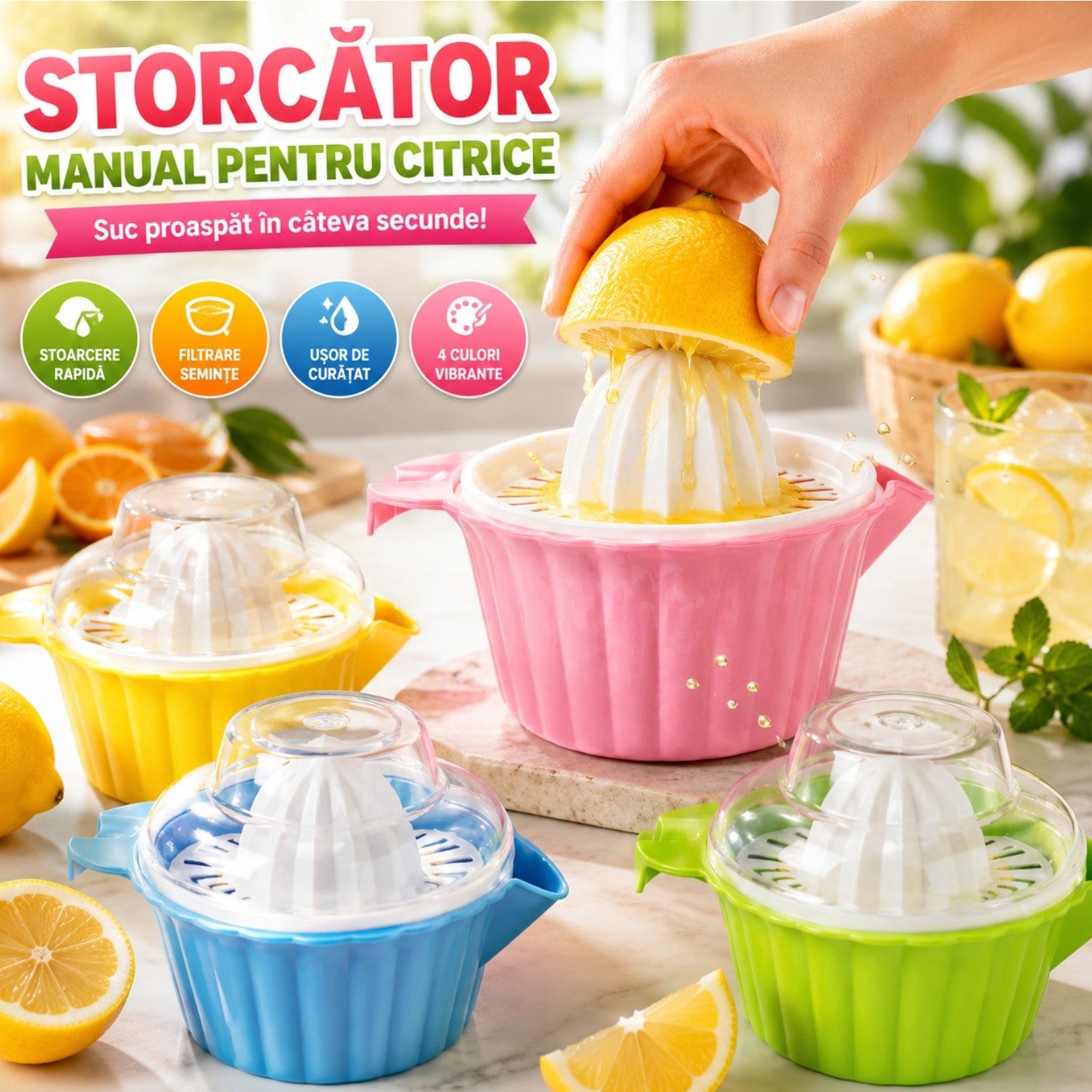 Storcător Manual 11x6cm pentru Citrice cu Suport si Capac, din Plastic Diferite Culori Engros