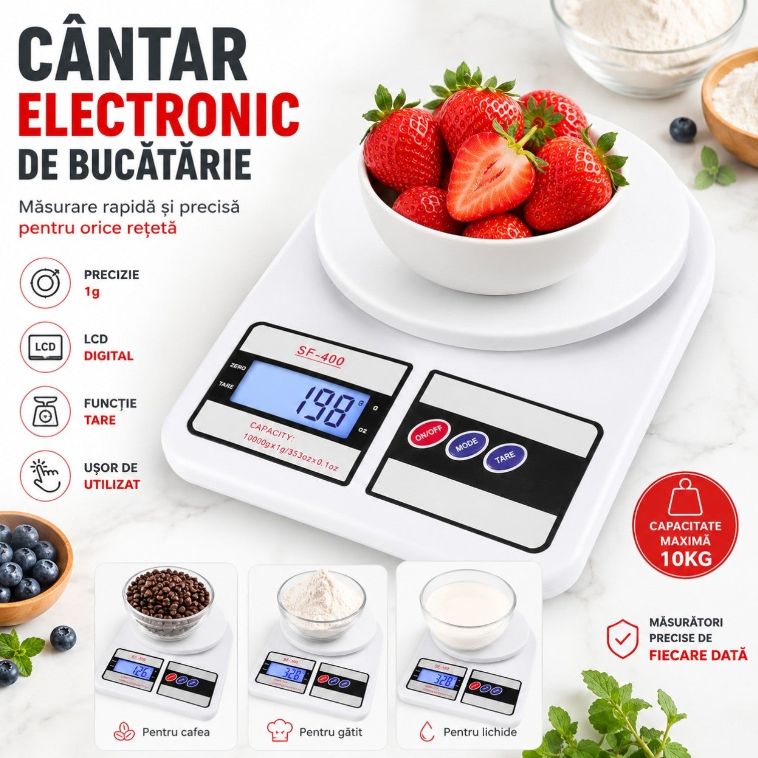 Cantar Electronic de Bucatarie, 23x15 cm, din Plastic, 10kg/10000g, Alb Engros
