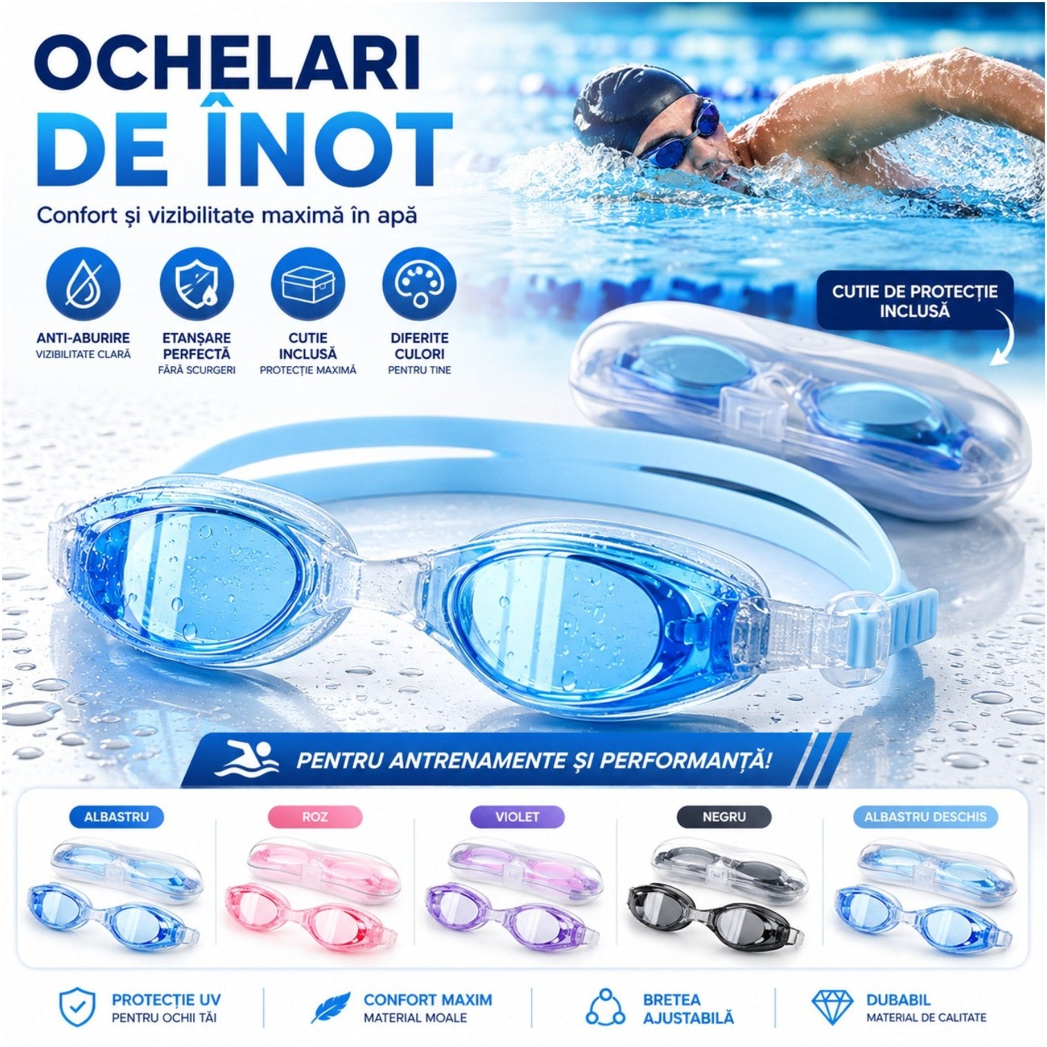 Ochelari de Inot cu Bretele Reglabile, Diferite Culori Engros