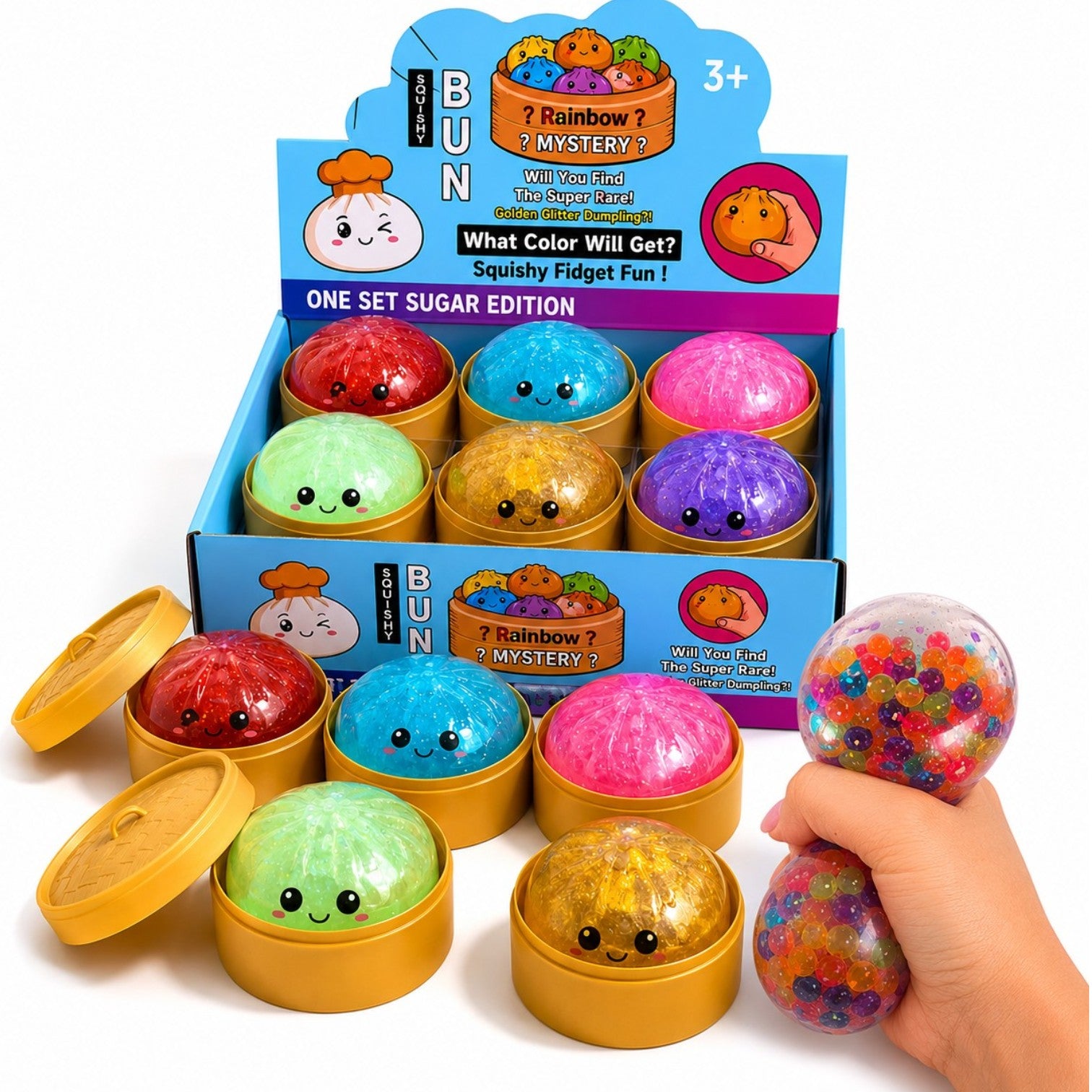 Jucarie Squishy Dumpling 12/set, cu Bile Mari Colorate în Interior 10cm, în Cutie Plastic, Antistres, Super Moale și Elastică, Diferite Culori Engros