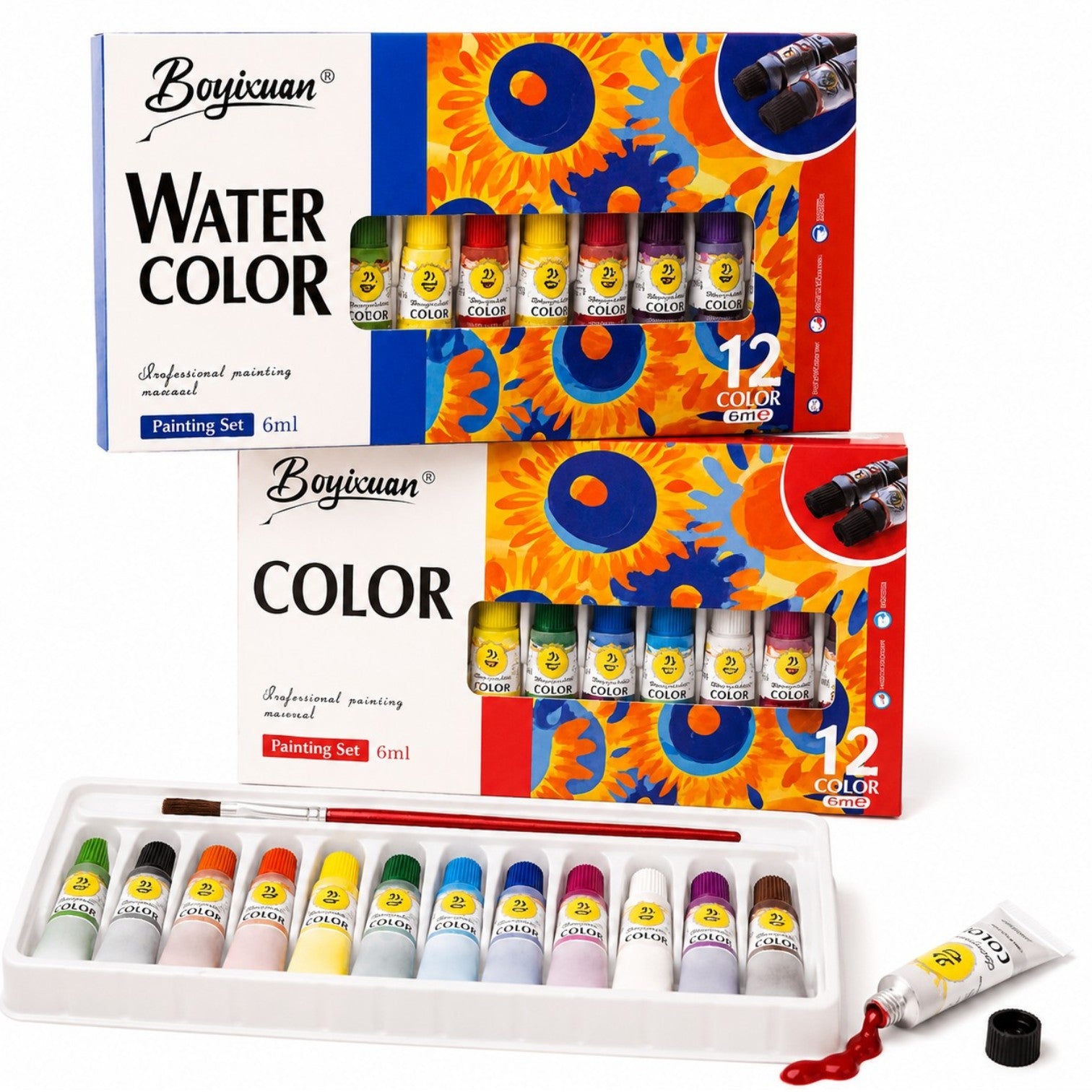 Tempera Acuarele la Tub pe Baza de Apa 12x6ml, Diferite Culori 12/set cu Pensula 15cm Engros