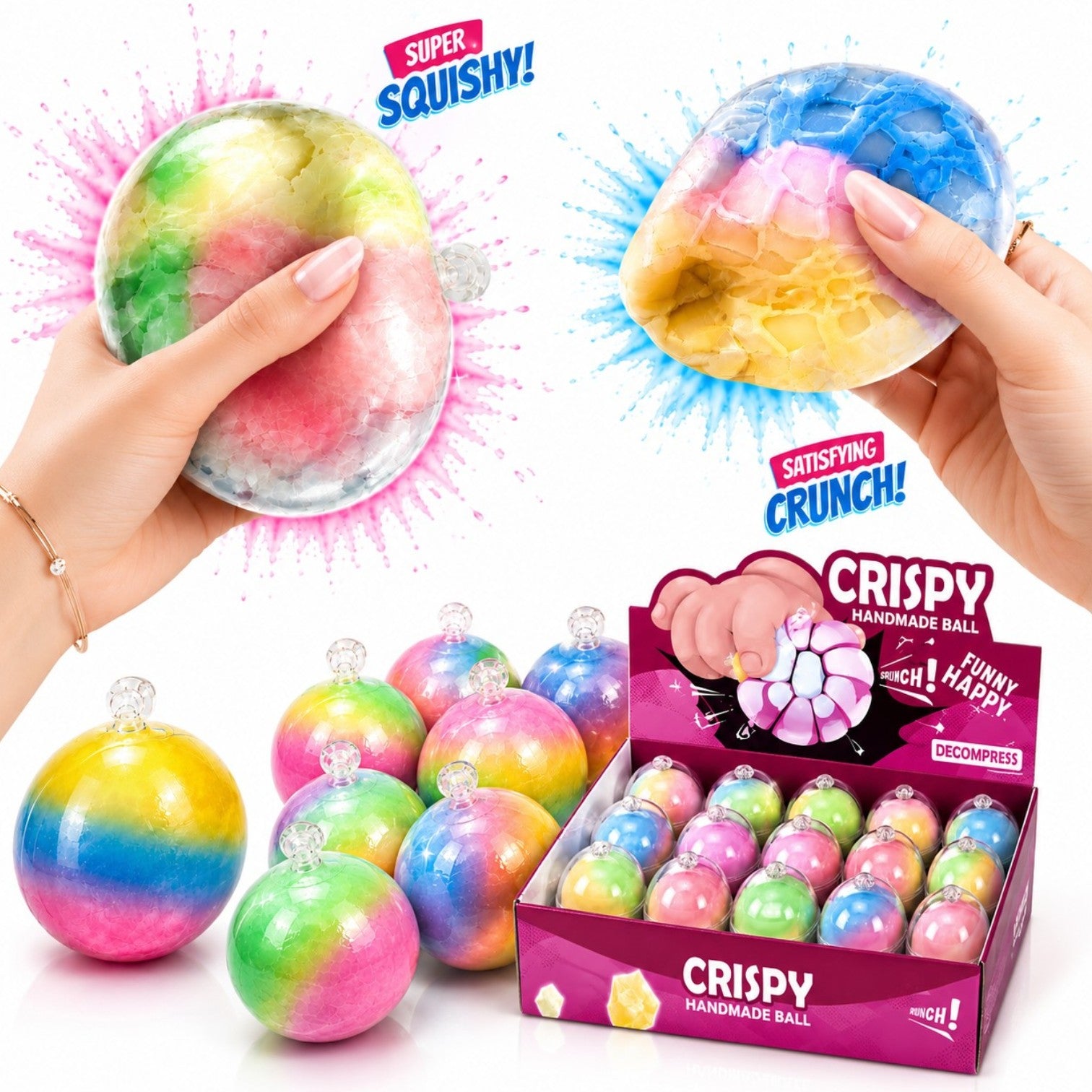 Minge Antistres 12/set, Crunchy Curcubeu 6cm, Crispy Handmade Ball, Squishy Engros