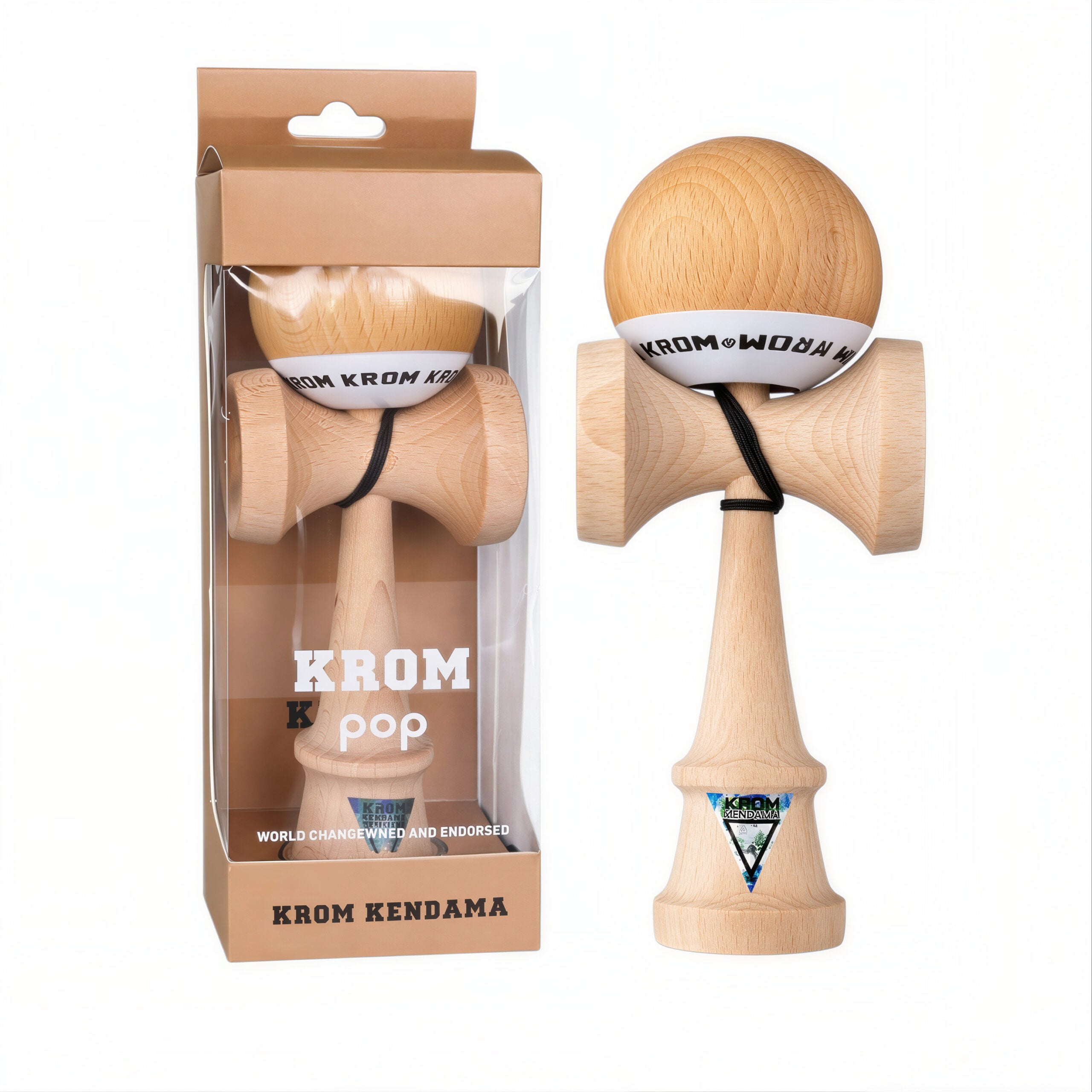 Kendama KROM POP 19cm, Bilă Lucioasă din Lemn, cu Șnur Negru in Cutie Engros