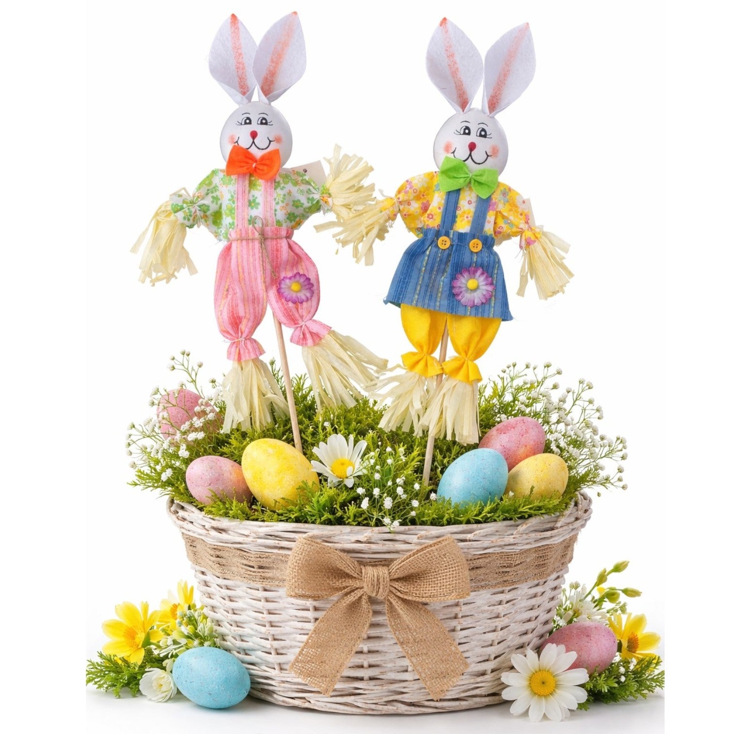 Figurină Decorativă Paște Iepuraș pe Băț 51cm, Figurină 36cm cu Haine Colorate și Detalii din Paie, Diferite Modele Engros
