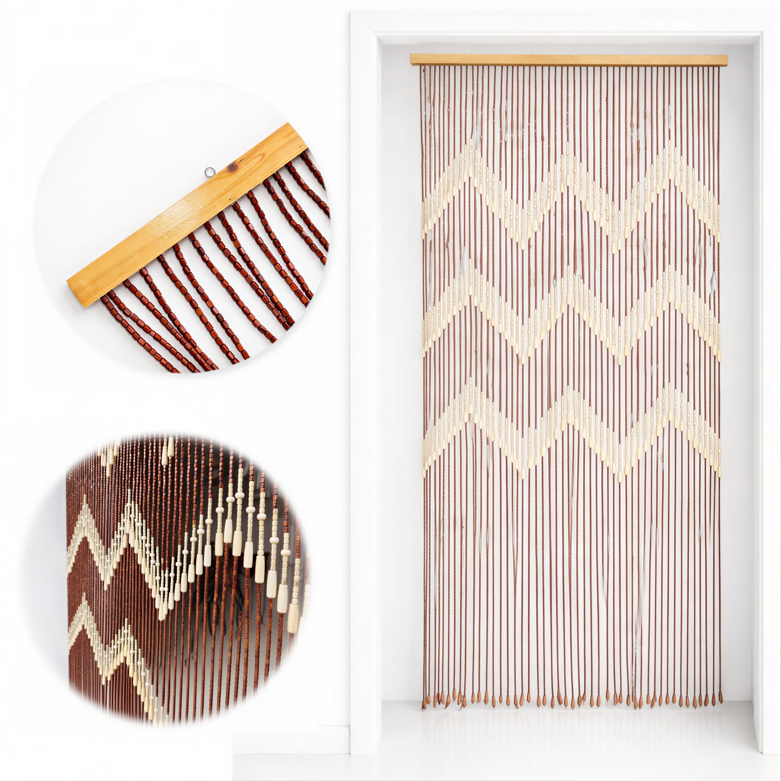 Perdea Decorativă pentru Ușă 90x195cm din Mărgele cu Bară din Lemn, și Agățători Metalice Model Zig-Zag Engros