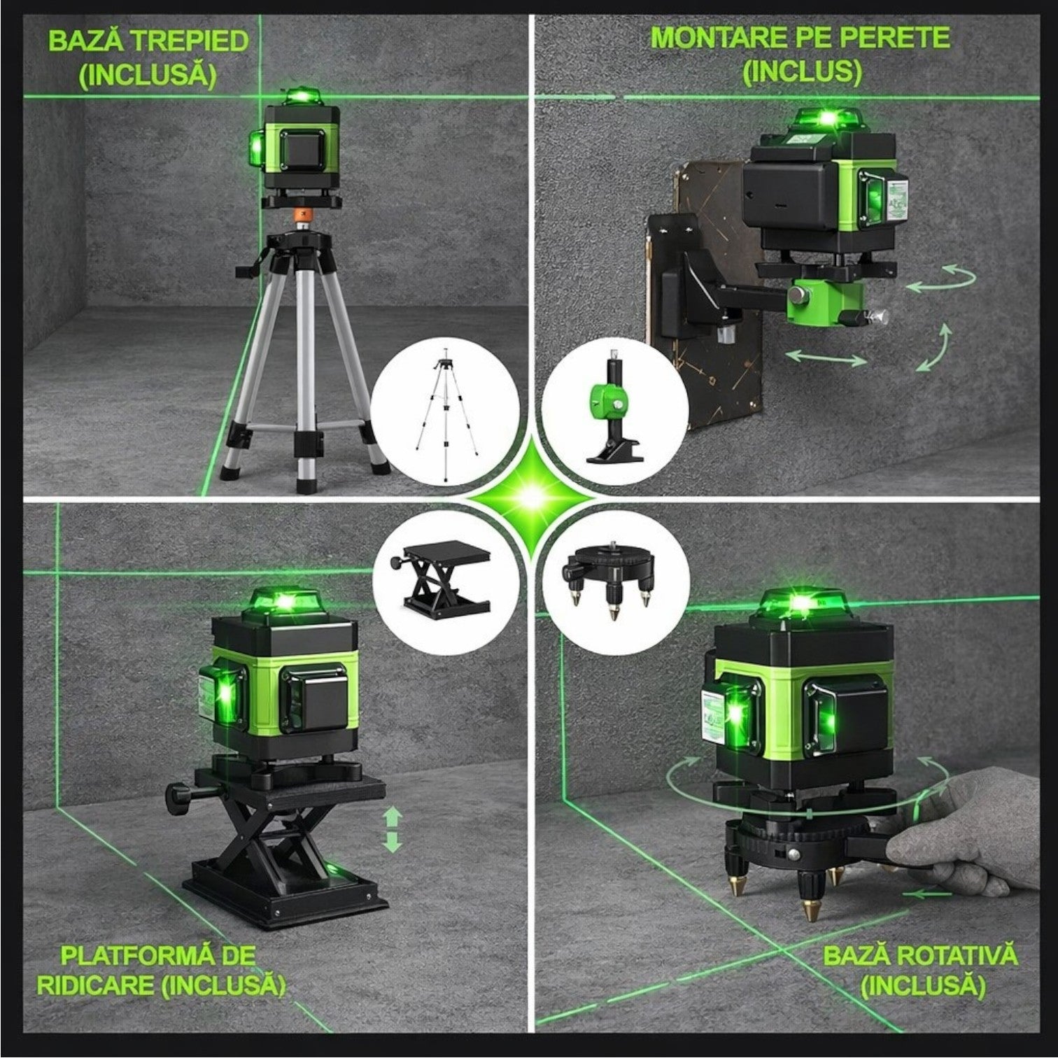 Nivela Laser 4D cu 16 Linii, Autonivelare, Telecomandă, Lumină Verde, Platformă de Ridicare și Trepied 150cm Engros
