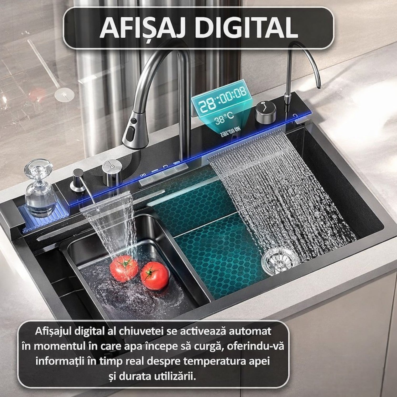 Chiuvetă Multifuncțională 75x46cm, cu 2 Cascade, Afișaj Digital Temperatură, Robinet Tip Cascadă, Accesorii Incluse Engros