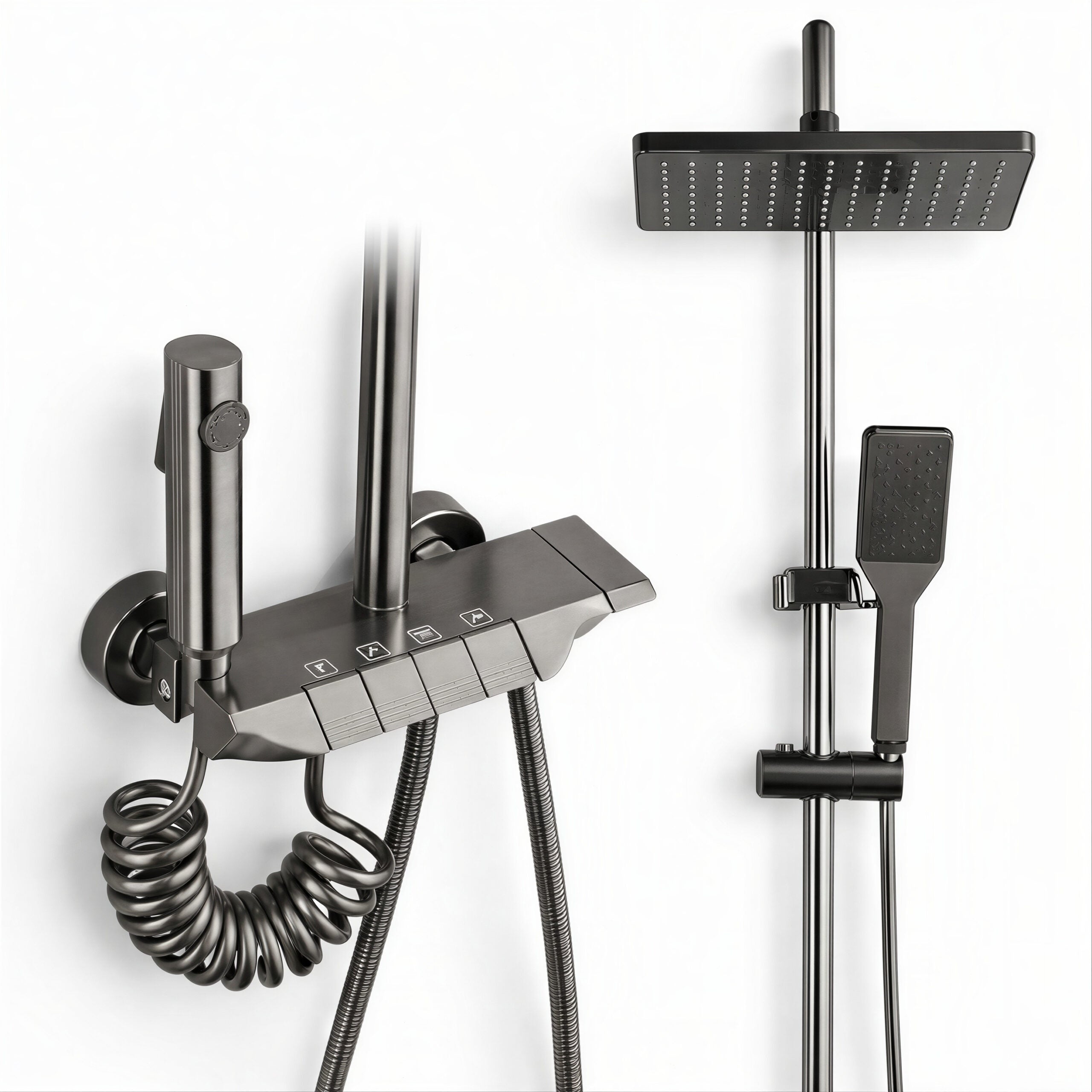 Set Duș Termostatic cu Coloană Reglabilă, 125.5cm, Cap Ploaie 25cm, Pară Duș 4 Funcții, Baterie cu 4 Butoane, Furtun Spirală, Oțel Inoxidabil Engros