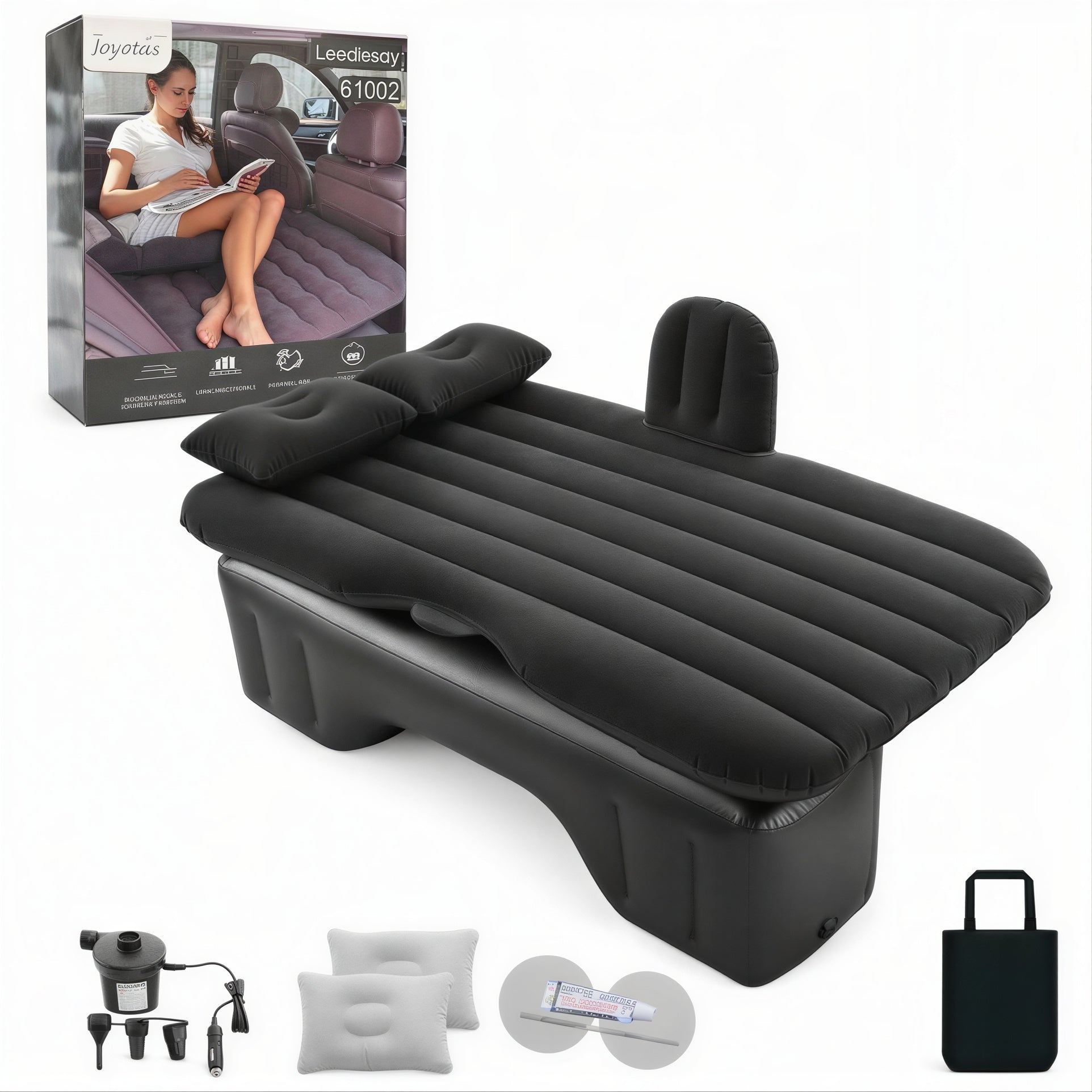 Saltea Gonflabilă Auto pentru Banchetă Spate 135x85x38cm, cu Pompa Electrică 12V, 2 Perne, Kit Reparație și Geantă Transport Diferite Culori Engros