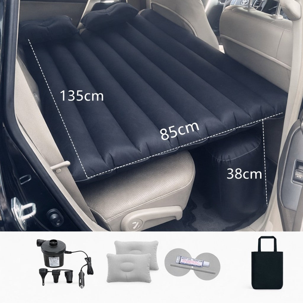 Saltea Gonflabilă Auto pentru Banchetă Spate 135x85x38cm, cu Pompa Electrică 12V, 2 Perne, Kit Reparație și Geantă Transport Diferite Culori Engros