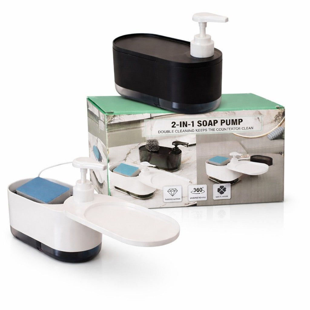 Dozator Săpun Lichid 18.5x9cm cu Suport Burete Inclus și Tavă Scurgere, din Plastic Diferite Culori Engros