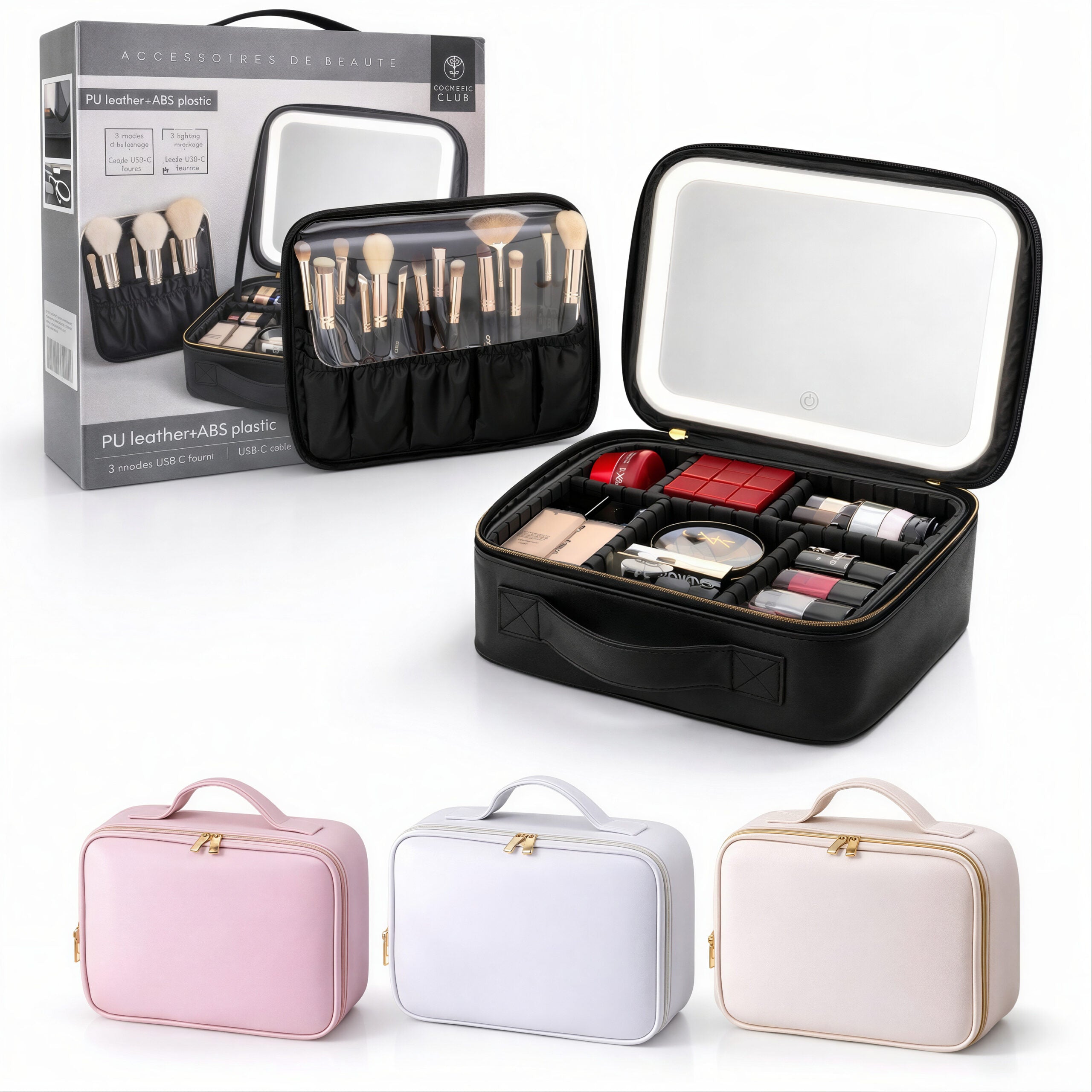 Geantă Organizator Machiaj cu Oglindă LED, 26x23x11cm, Compartimentare Reglabilă, Reîncărcabilă USB Diferite Culori Engros