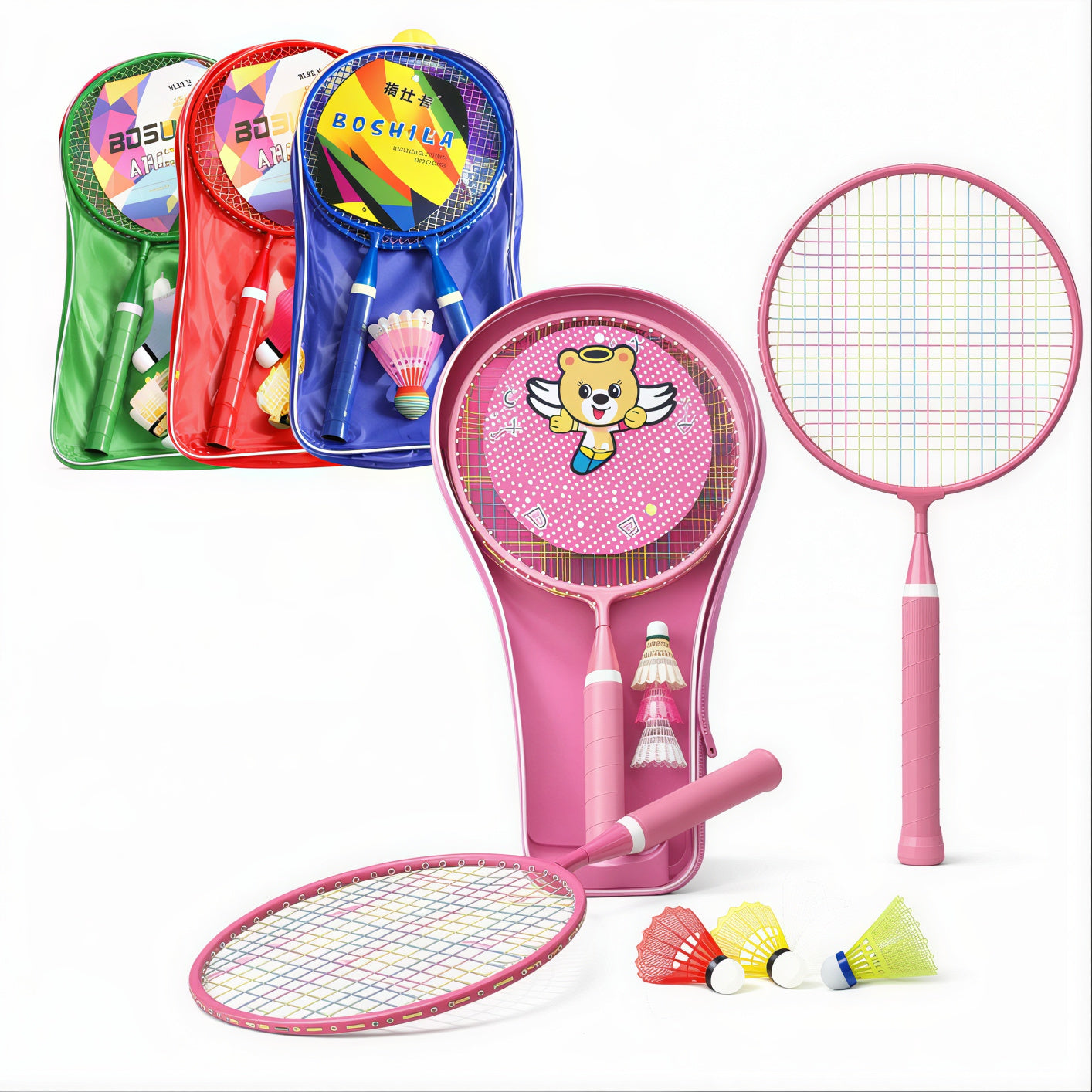 Palete Badminton 2/set cu 3 Fluturasi si o Minge 42cm, Diferite Culori Engros