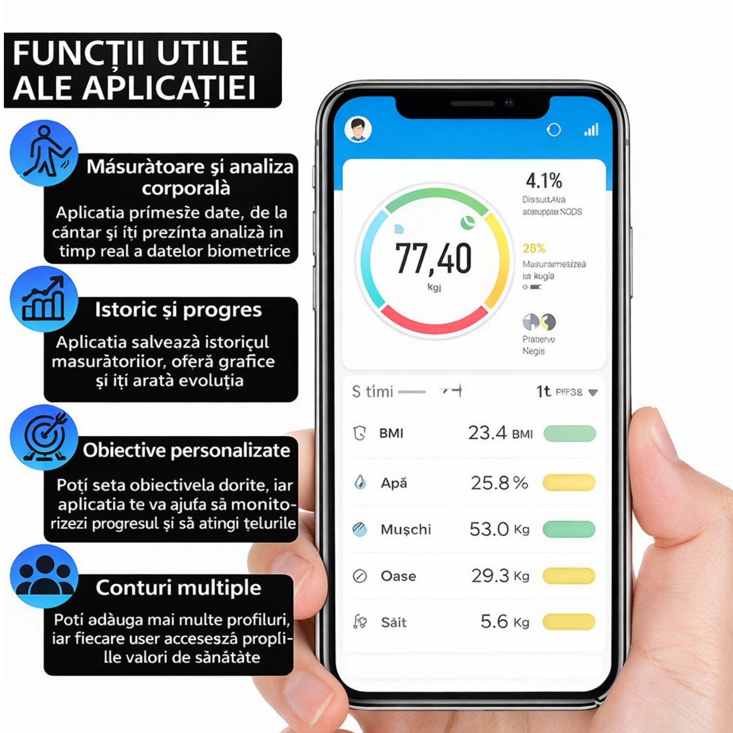 Cântar Inteligent 26x26cm cu Conectare Bluetooth, Analiză Corporală Completă și Aplicație Mobilă, Afișaj LCD Engros