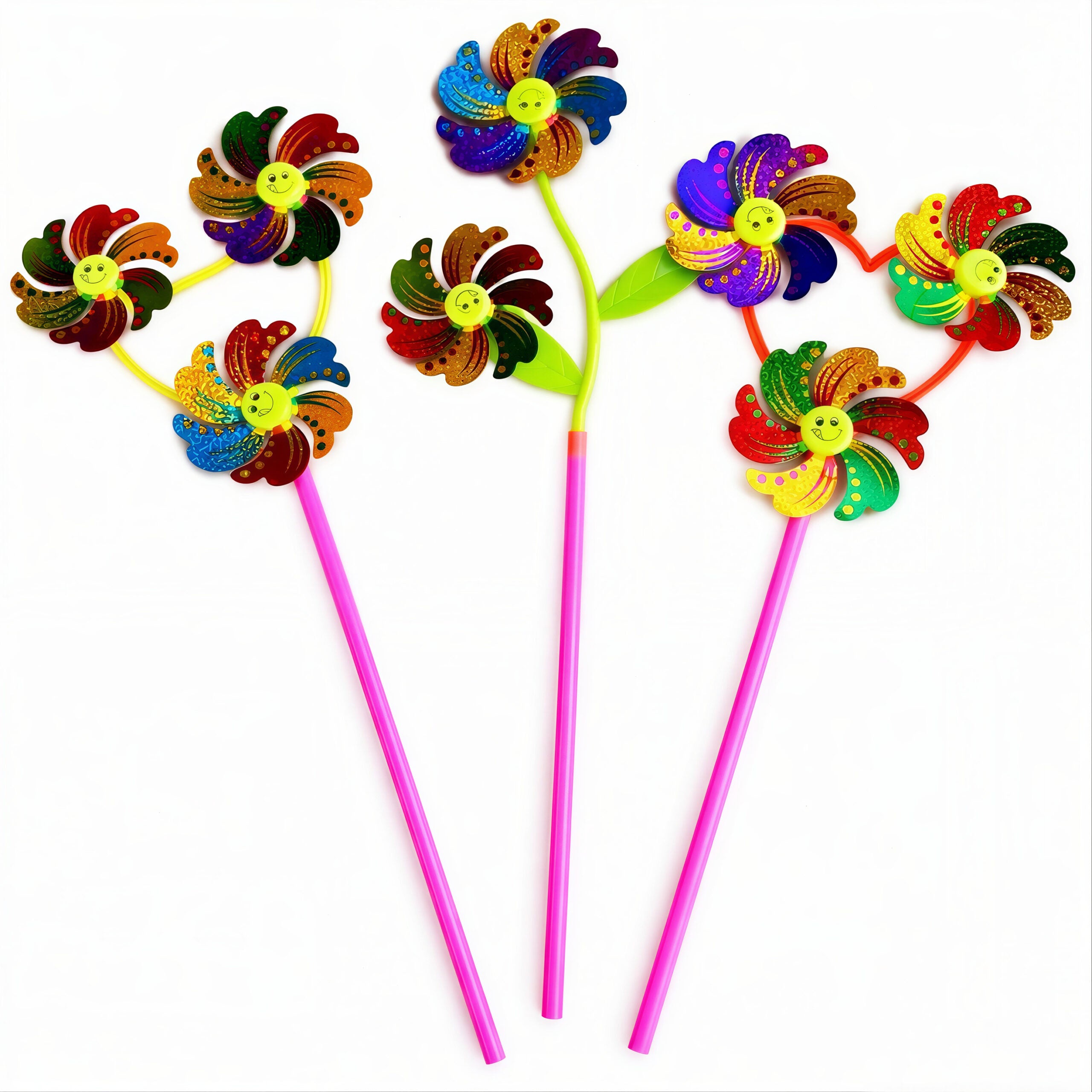 Morișcă de Vânt 44–50cm, Model Floare Multicoloră cu Sclipici si Smile Face, Diferite Forme Engros