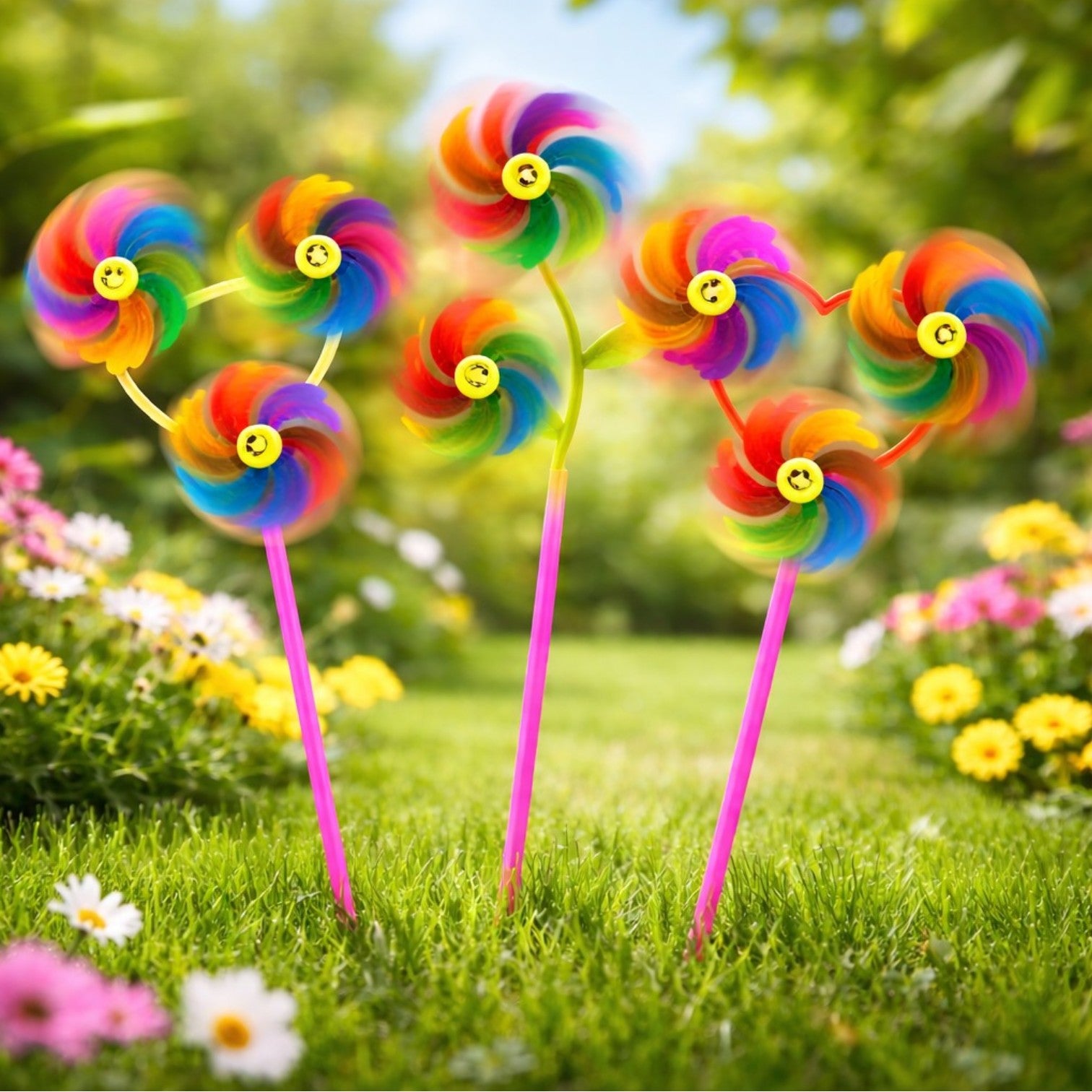 Morișcă de Vânt 44–50cm, Model Floare Multicoloră cu Sclipici si Smile Face, Diferite Forme Engros