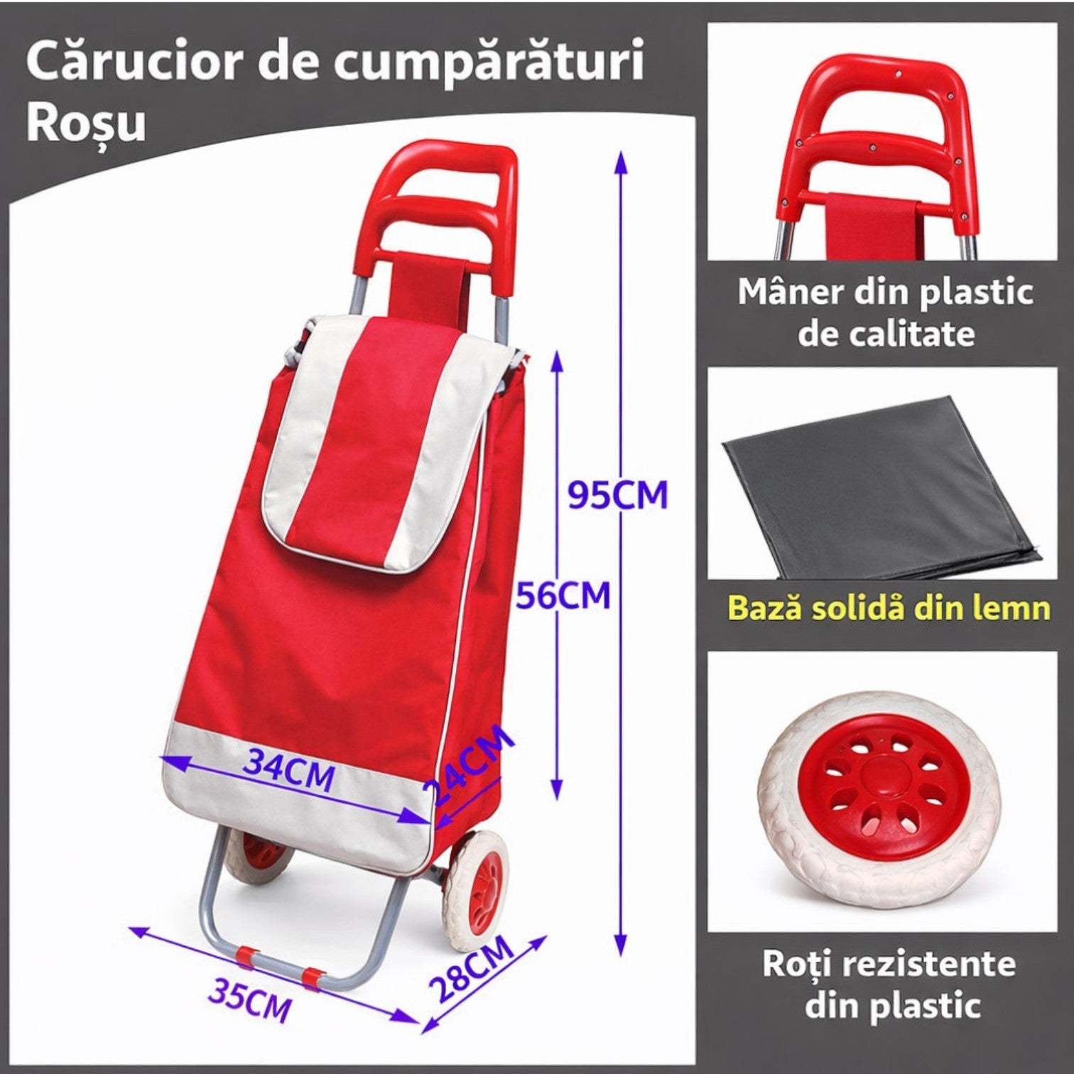 Carucior de Cumpărături Pliabil 95cm, cu Geantă Incăpătoare 56x34x24cm si Roți Rezistente, Cadru Metalic, Diferite Culori Engros