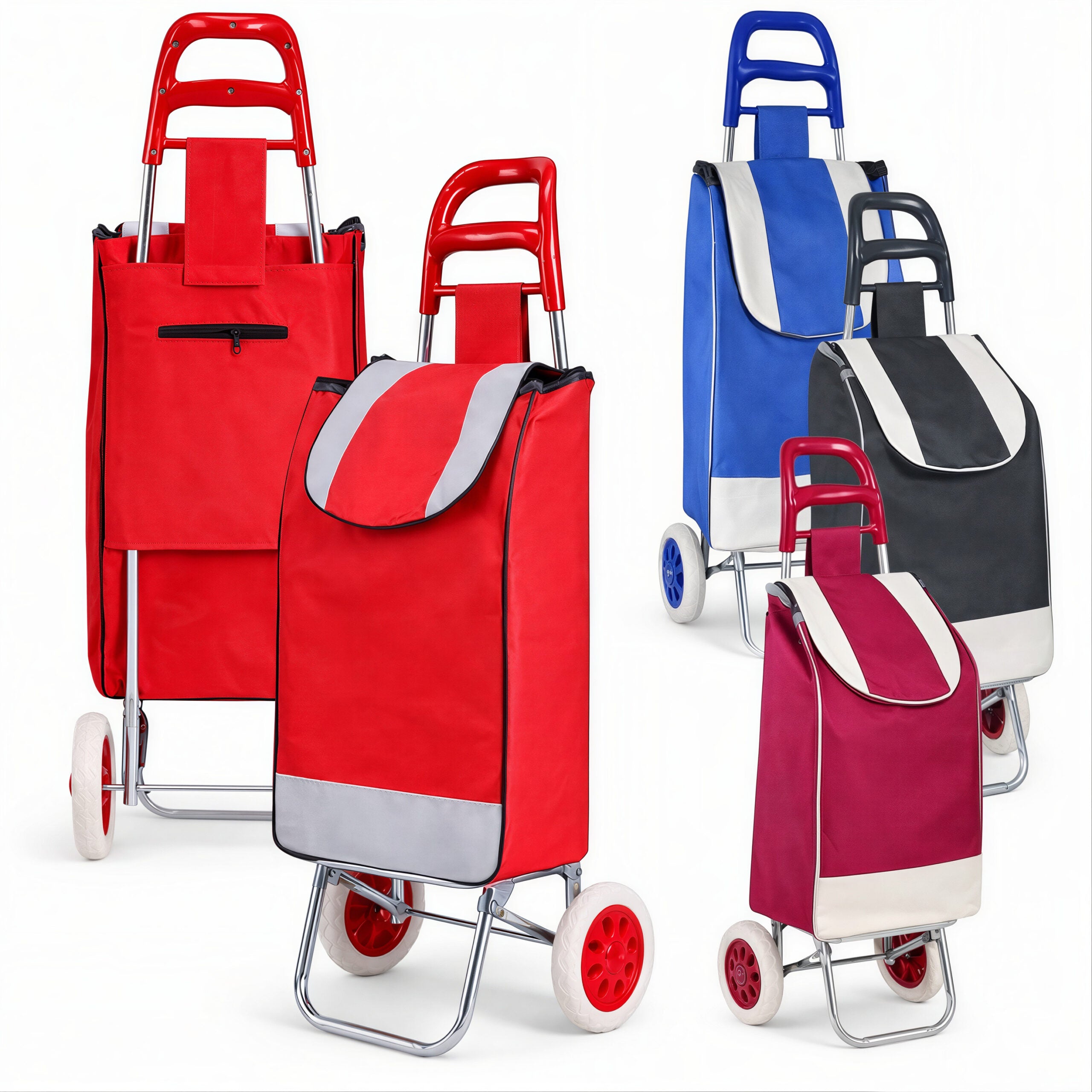 Carucior de Cumpărături Pliabil 95cm, cu Geantă Incăpătoare 56x34x24cm si Roți Rezistente, Cadru Metalic, Diferite Culori Engros