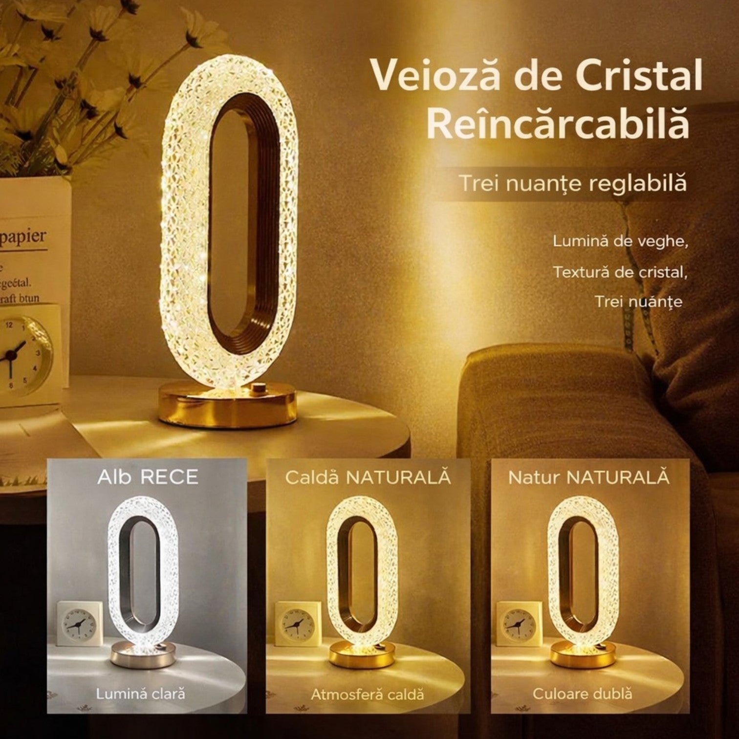 Lampă LED Decorativă 26x12x10cm Ovală cu Suport si Touch Control, Model Cristal cu 3 Moduri de Lumina Engros