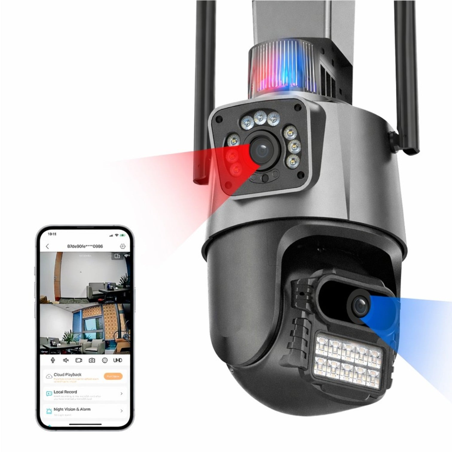 Cameră Supraveghere Wi-Fi Dual Lens 2 Camere Reale, 4K Ultra HD, Rotire 360°, Vedere Nocturnă Color, Alarmă LED, Audio Bidirecțional, Control prin Telefon, 2 Antene Externe Engros