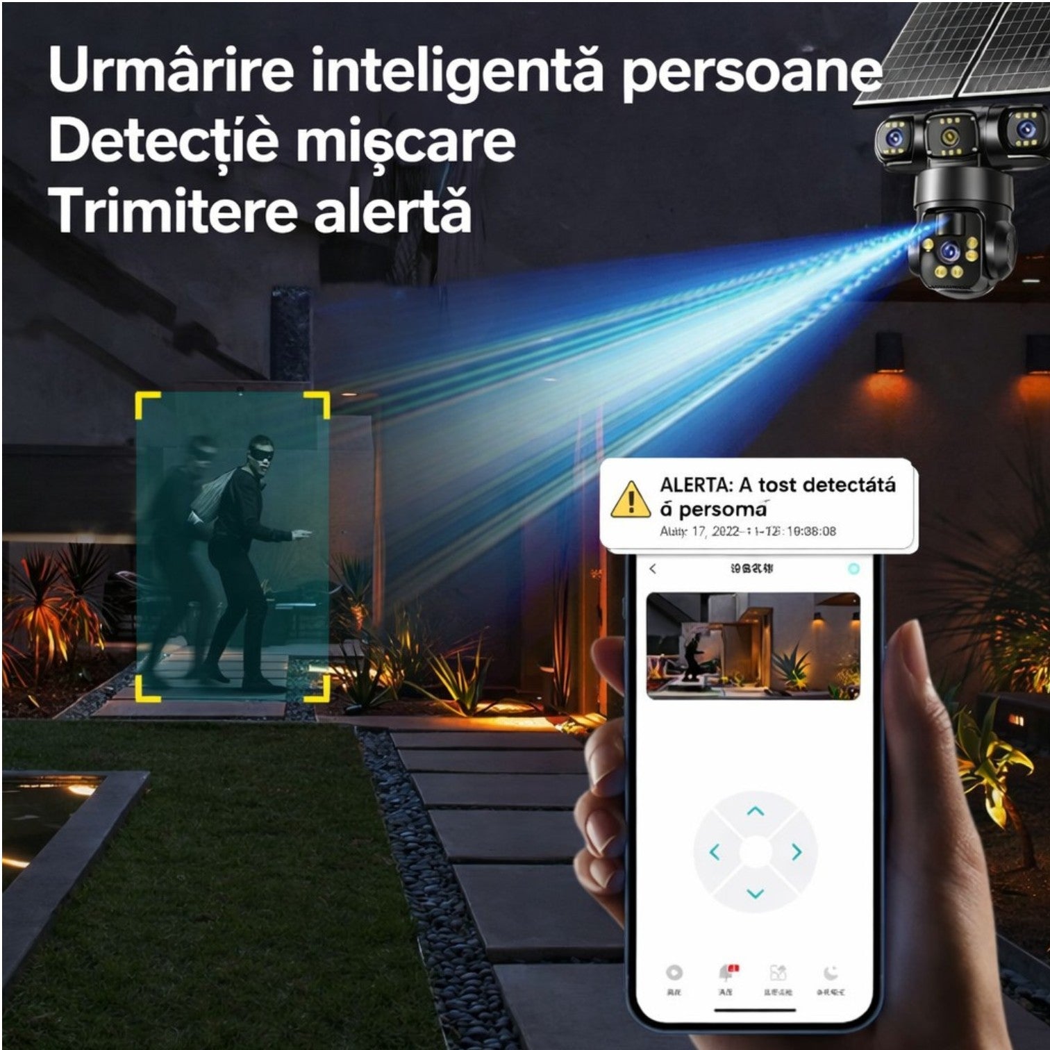 Cameră Supraveghere 4G Solară, 4 Camere Reale 360°, cu SIM, Panou Solar, 20cm, Vedere Nocturnă Color, Audio Bidirecțional, Senzor Mișcare, Control prin Telefon Engros
