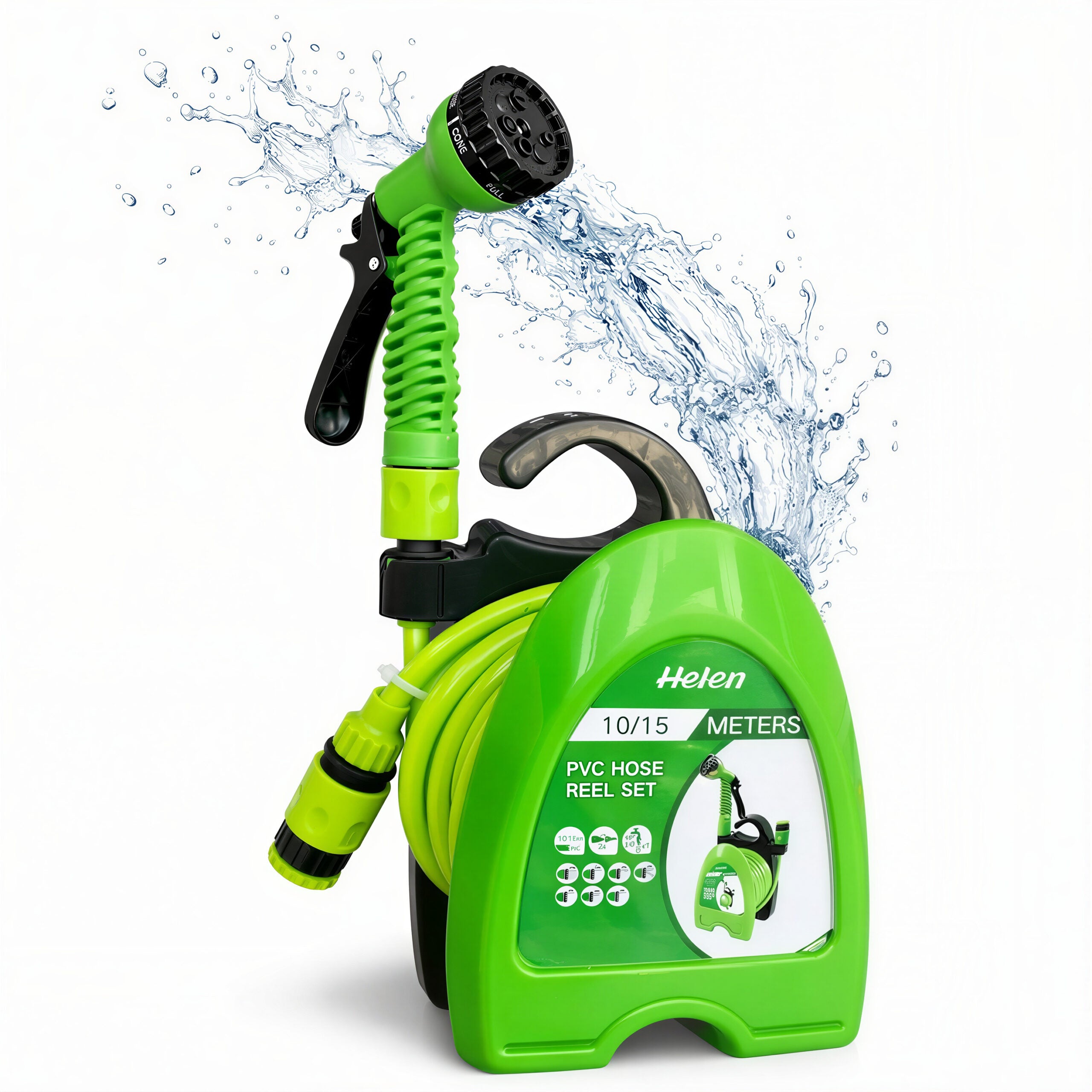 Tambur Furtun Grădină 10/15m, Suport pentru Perete, cu Pistol de Stropire Multifunțional Engros