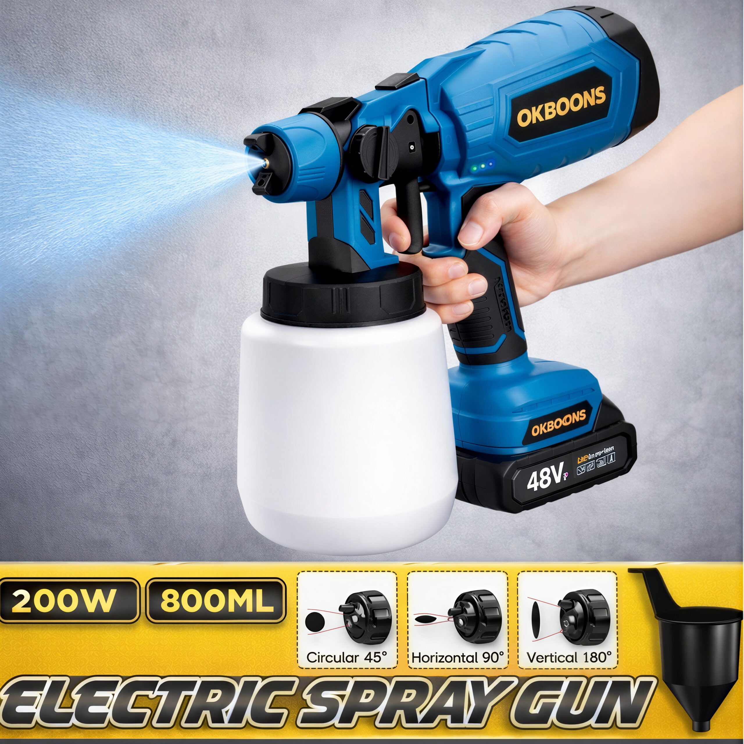 Pistol de Vopsit Electric cu Acumulator 48V, Rezervor 800ml, Debit Reglabil, 3 Moduri Pulverizare, Autonomie Mare, 2 Acumulatori Incluși Engros