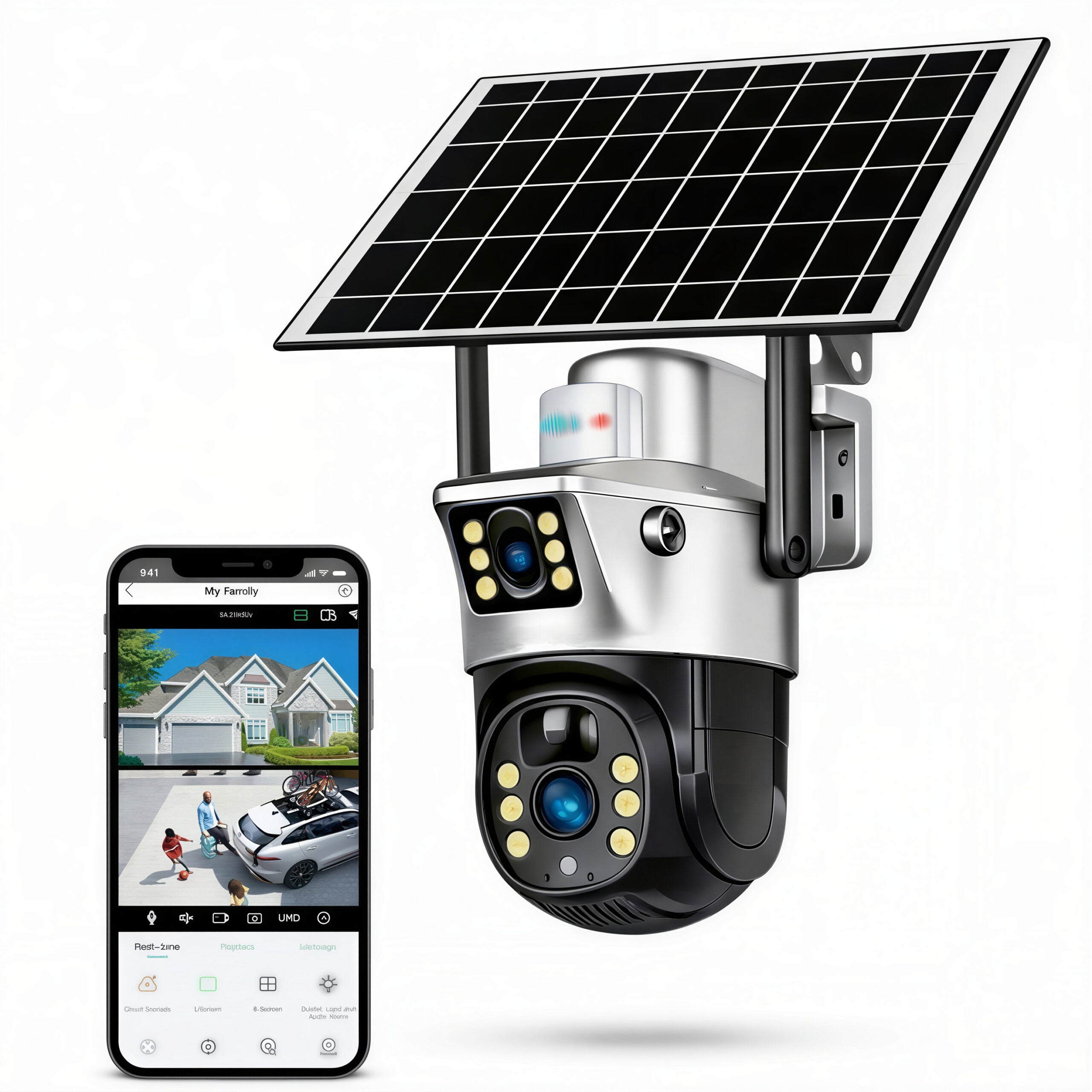 Cameră de Supraveghere 2 in 1, cu Vedere Dublă, WiFi, Panou Solar, Baterie 10800mAh, 6MP, Detectare Mișcare, Vedere Nocturnă, Comunicare Bidirecțională, Exterior IP66 Engros
