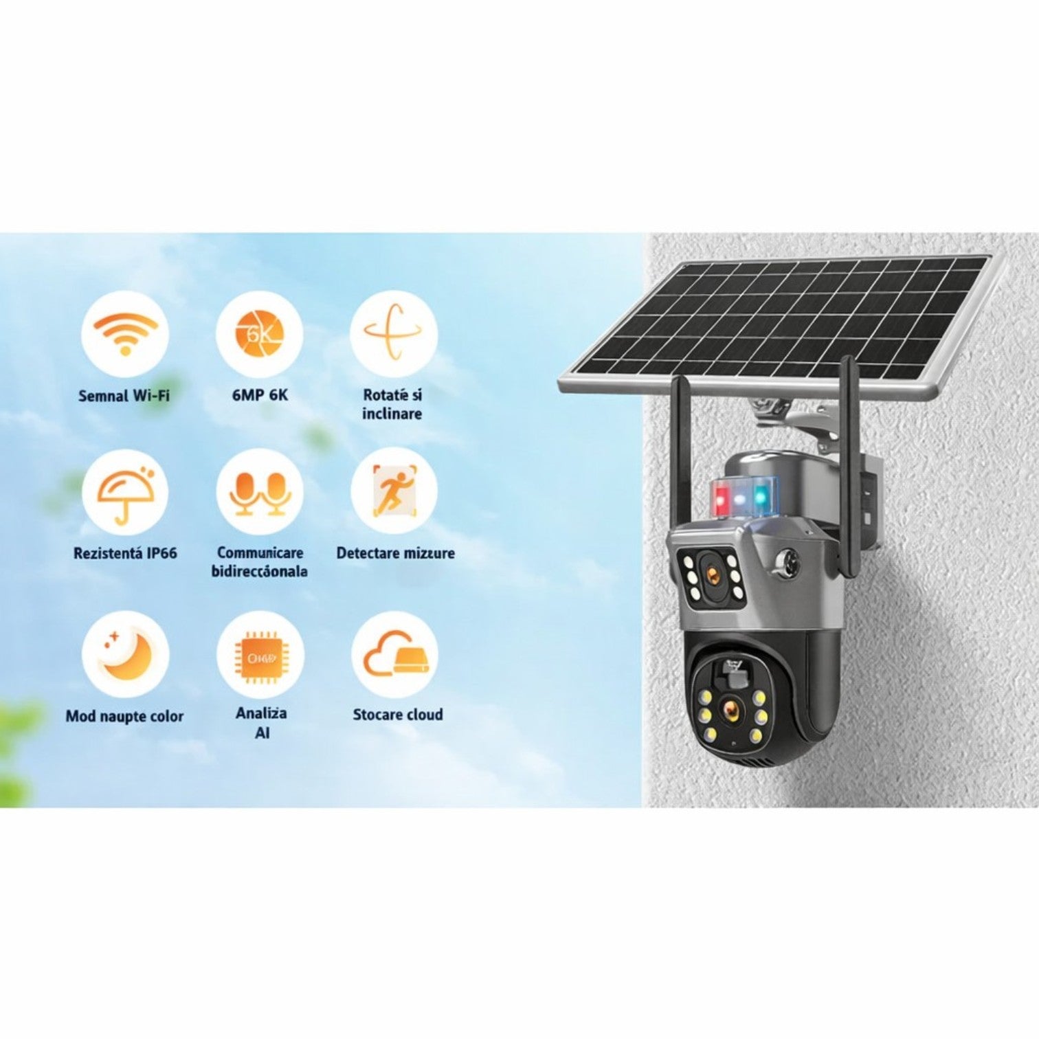 Cameră de Supraveghere 2 in 1, cu Vedere Dublă, WiFi, Panou Solar, Baterie 10800mAh, 6MP, Detectare Mișcare, Vedere Nocturnă, Comunicare Bidirecțională, Exterior IP66 Engros
