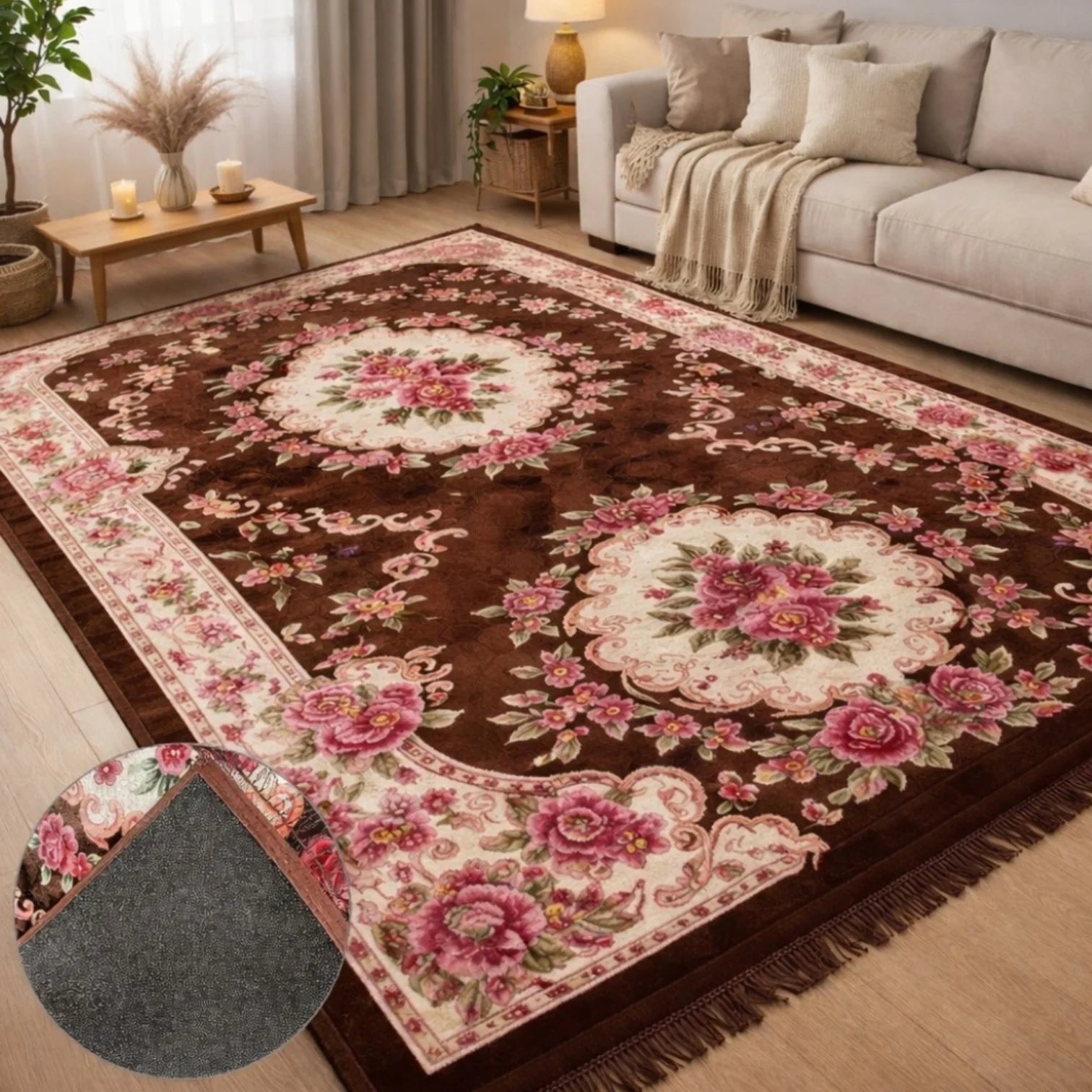 Covor Clasic Floral 200x300cm, Model Elegant cu Trandafiri, Material Pufos și Gros, Bază Antiderapantă Engros