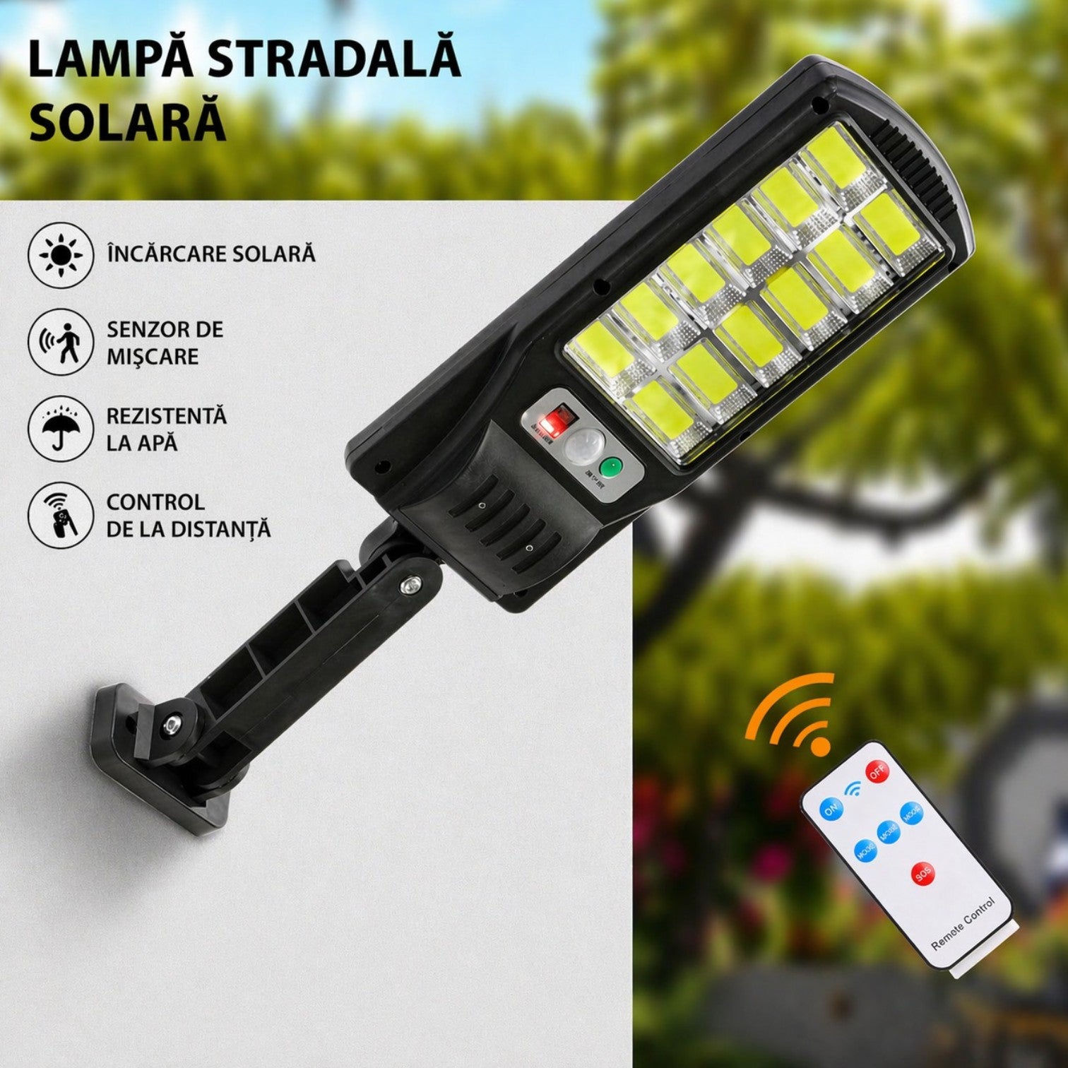 Lampă Stradala Solara LED 19.5×10cm, cu Panou Solar Integrat, Senzor de Mișcare și Telecomandă Engros
