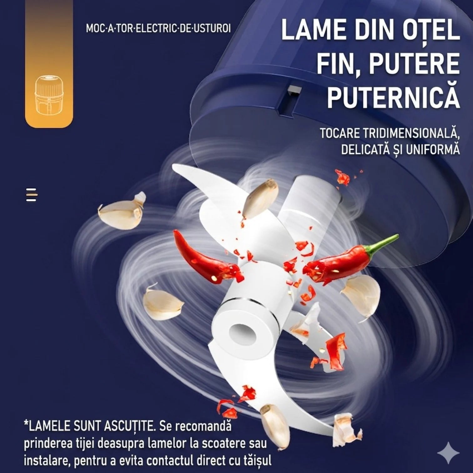 Tocător Electric Fără Fir 11.3×9cm, Încărcare TYPE-C, 2 Lame din Oțel Inoxidabil, Recipient 260ml pentru Legume Engros