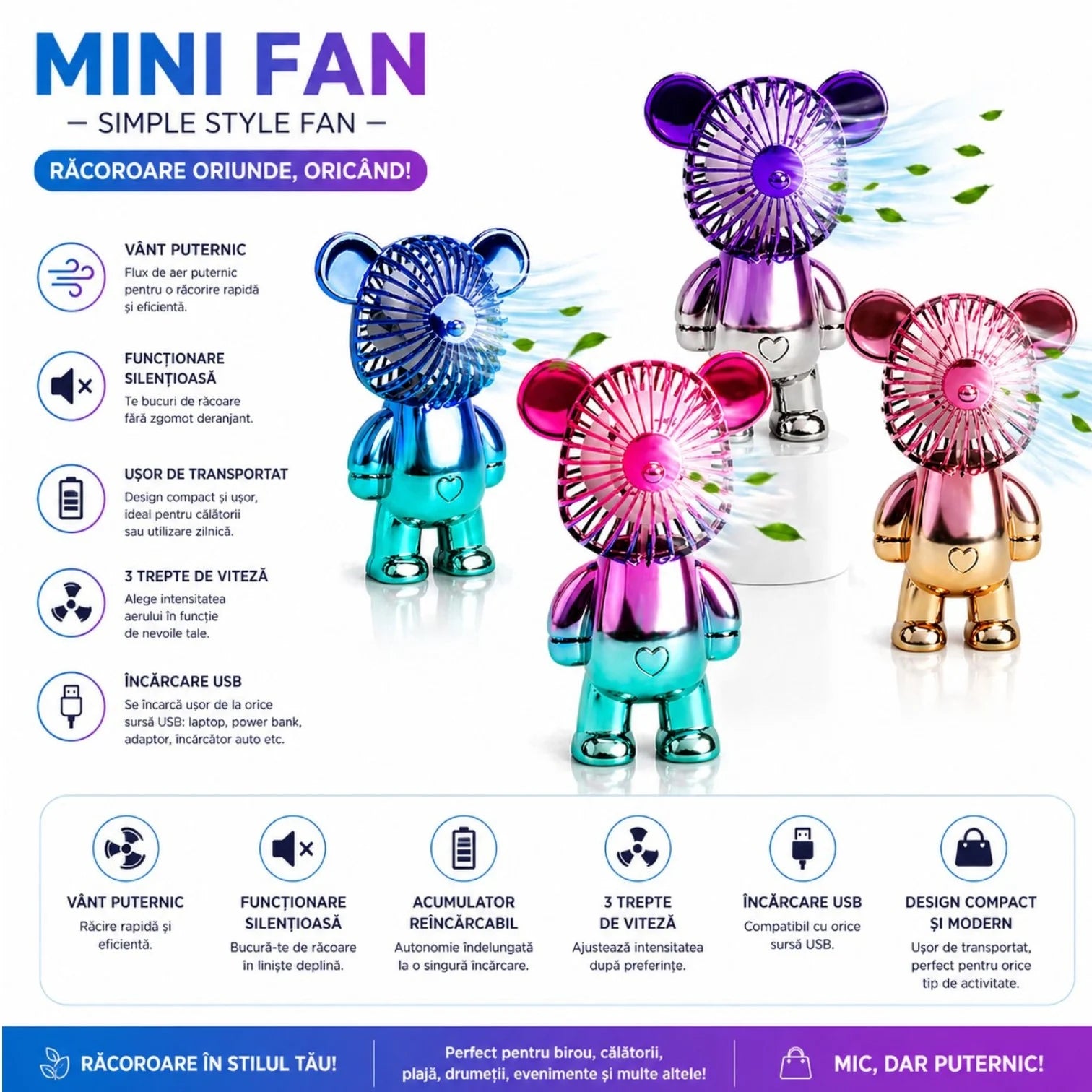 Ventilator Mini Portabil 14cm, Model Ursuleț Colorat Metalizat, Diferite Culori Engros