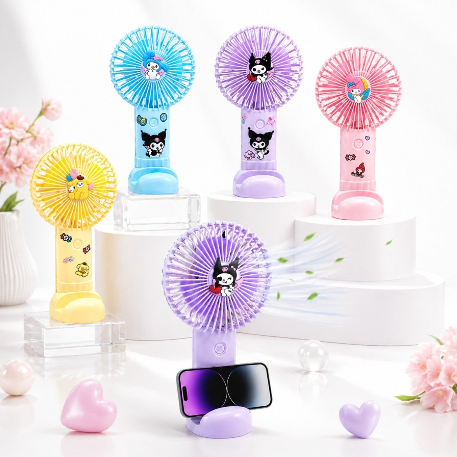Ventilator Portabil USB 17.5cm, cu Suport Telefon, Stickere și Figurină, Diferite Modele Colorate Engros
