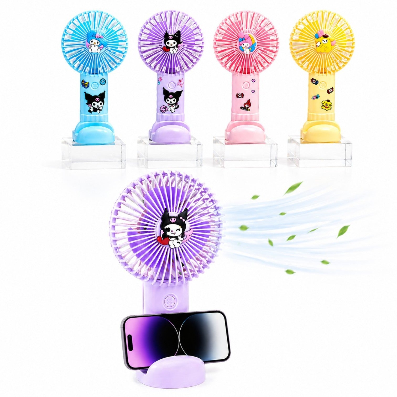 Ventilator Portabil USB 17.5cm, cu Suport Telefon, Stickere și Figurină, Diferite Modele Colorate Engros