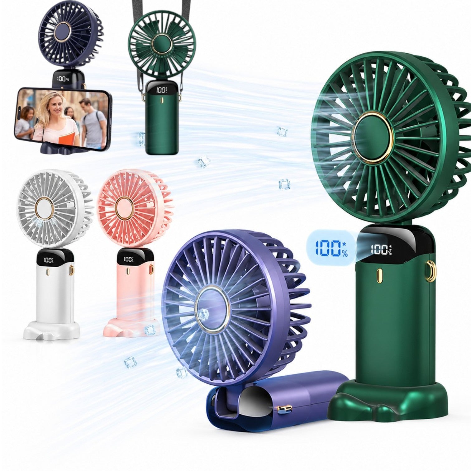 Ventilator Portabil 18.5cm, cu Suport Telefon, USB Reîncărcabil, Display LED și Agățătoare, Viteze Reglabile, Diferite Culori Engros