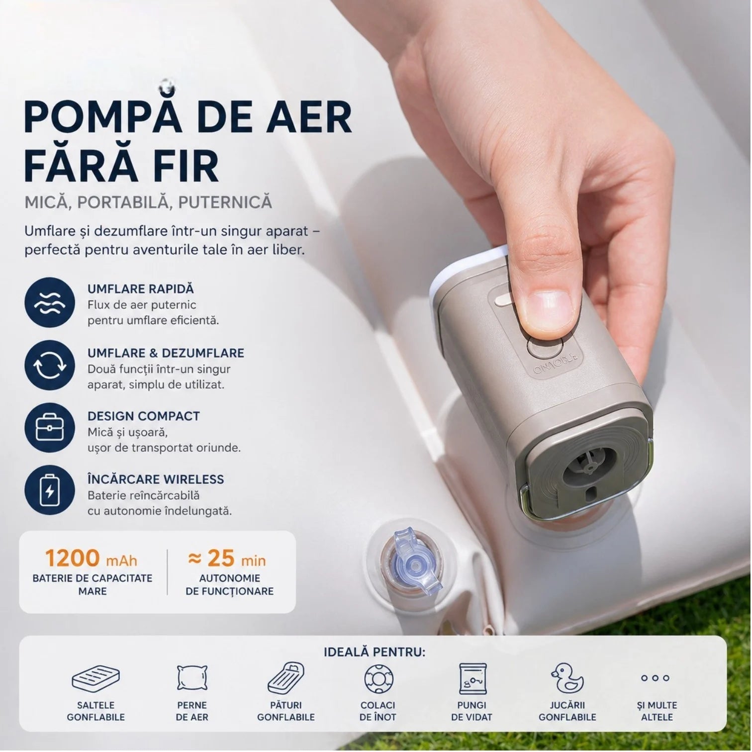 Pompă Electrica Portabilă 7.5x5cm, cu 3 Duze, pentru Umflare și Dezumflare Rapidă, Diferite Culori Engros